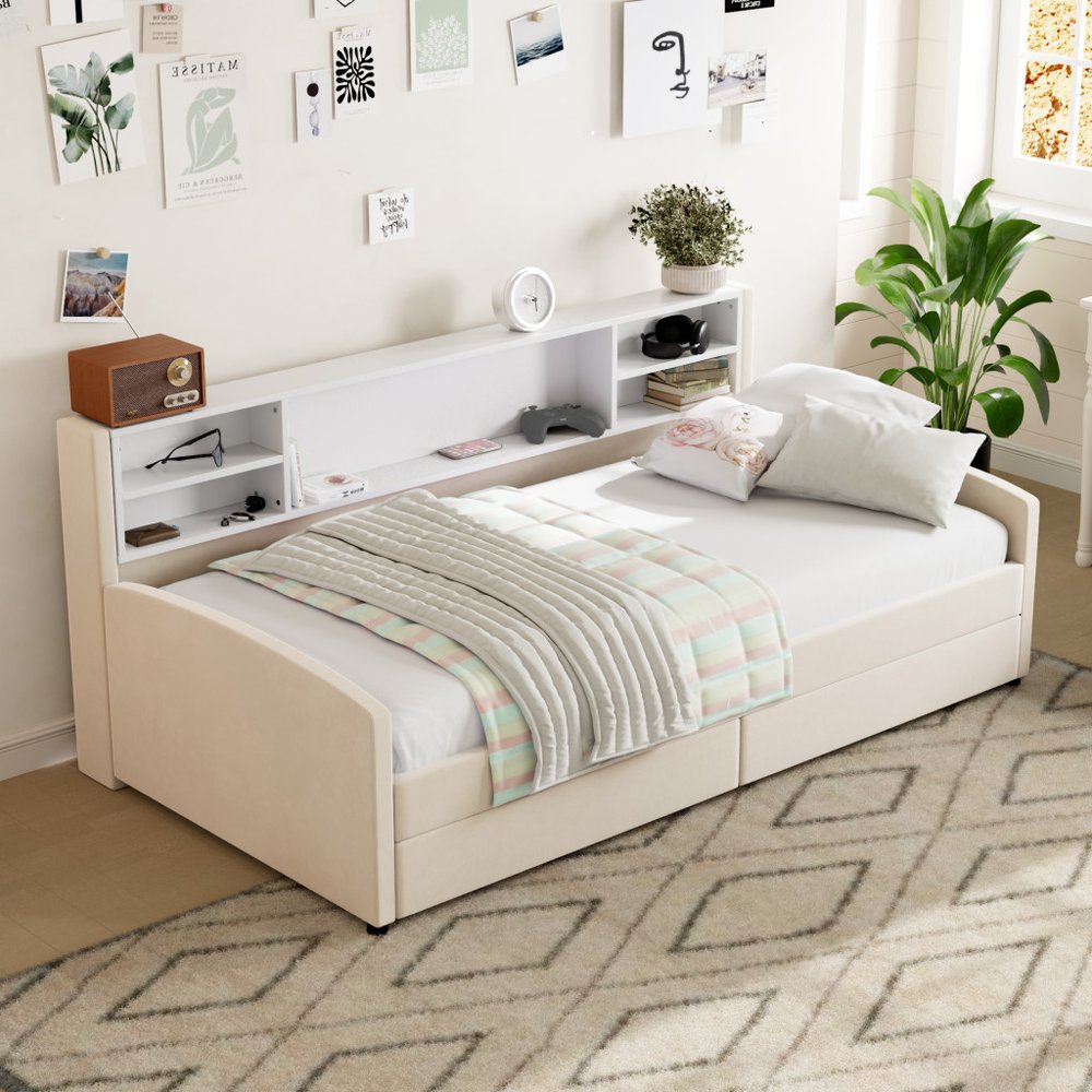 Beige Tufted Velvet Upholstered Twin Bed Frame With Drawers