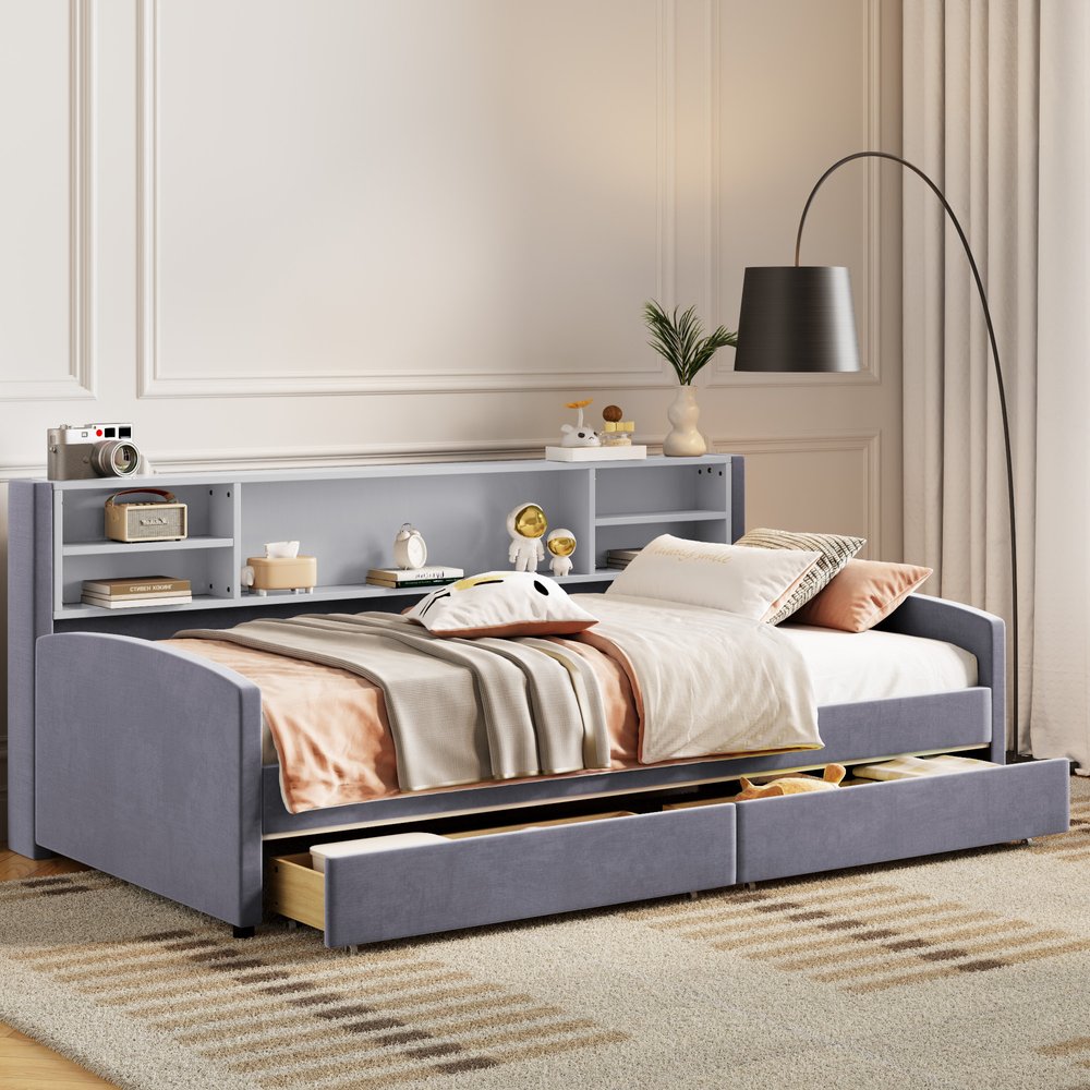 Gray Tufted Velvet Upholstered Twin Bed Frame With Drawers