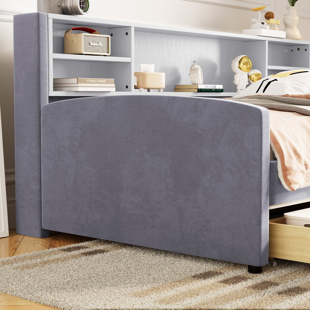 Gray Tufted Velvet Upholstered Twin Bed Frame With Drawers