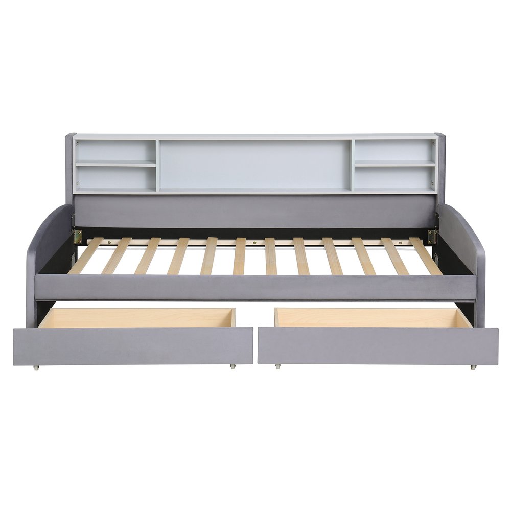 Gray Tufted Velvet Upholstered Twin Bed Frame With Drawers