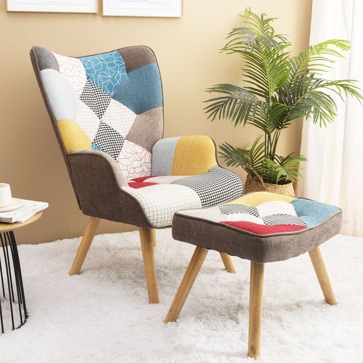 Accent Chair With Ottoman, Living Room Chair And Ottoman Set, Comfy Side Armchair For Bedroom, Creative Splicing Cloth Surface by Couch.com