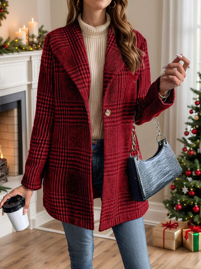 Women's Plaid Collared Neck Buttoned Long Sleeve Jacket – Classic & Lightweight Outerwear for Everyday Wear