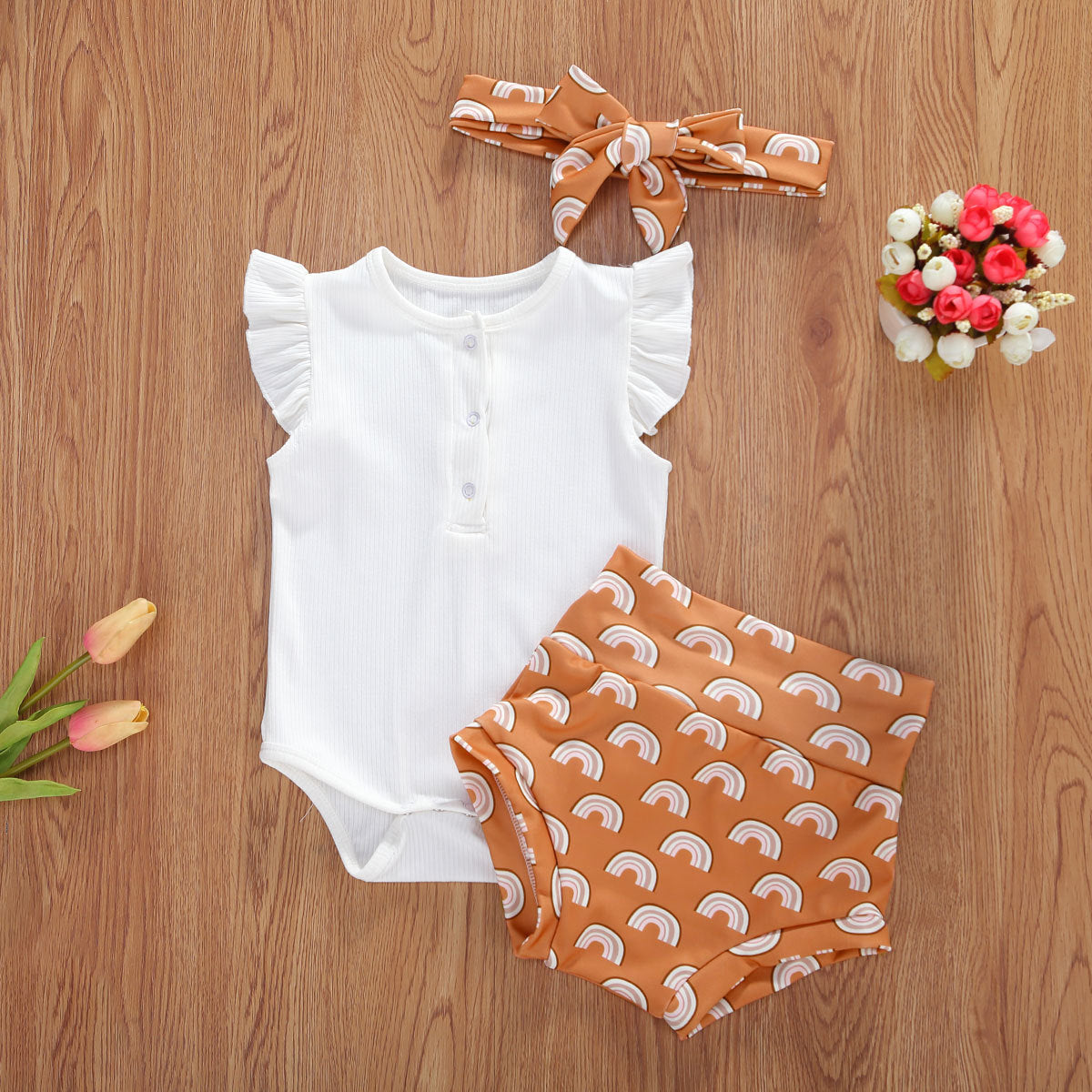 Infant And Toddler Suits Baby Girl Dark Button White Top Printed Shorts Suit Thre-piece Set