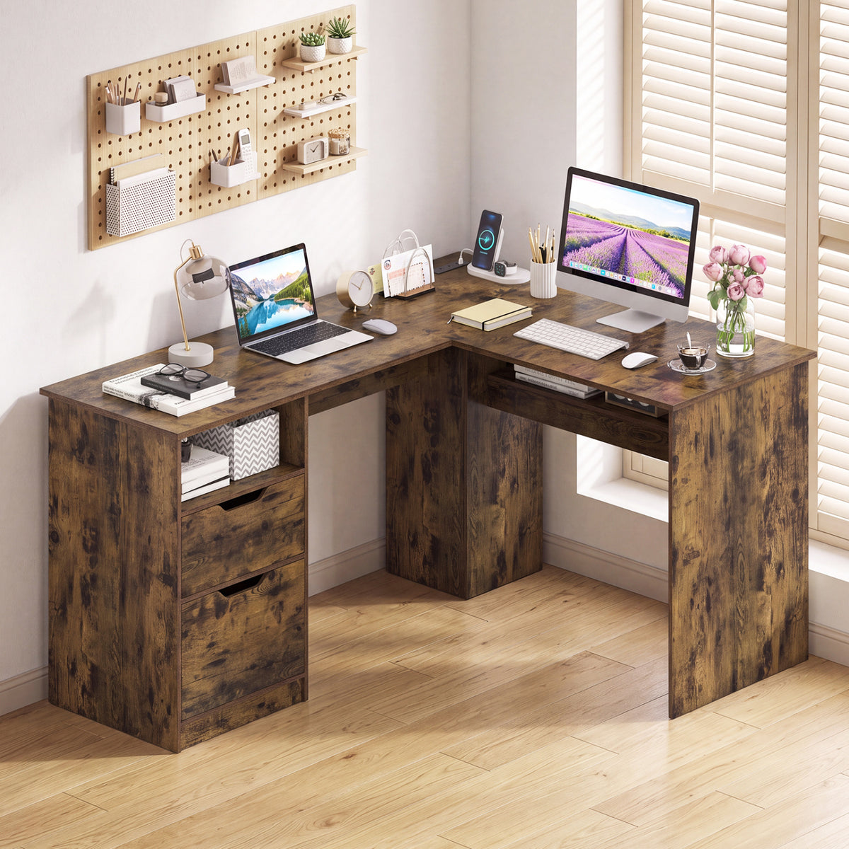 59" L-Shaped Executive Desk with Power Outlets Drawers and Bookshelf for Working Gaming Writing-Rustic