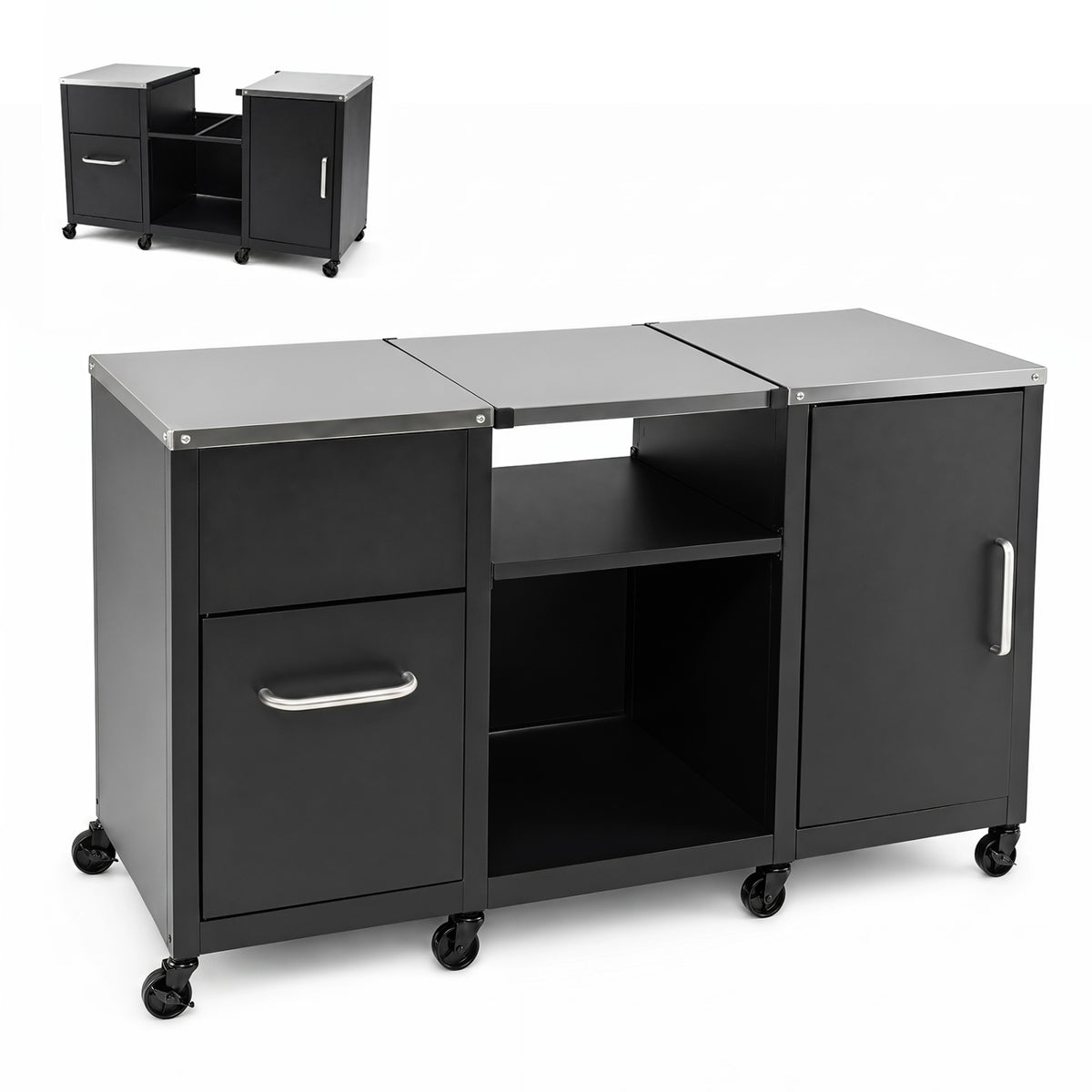 59" Outdoor Grill Table with 2 Removable Shelves and Stainless Steel Top-Black