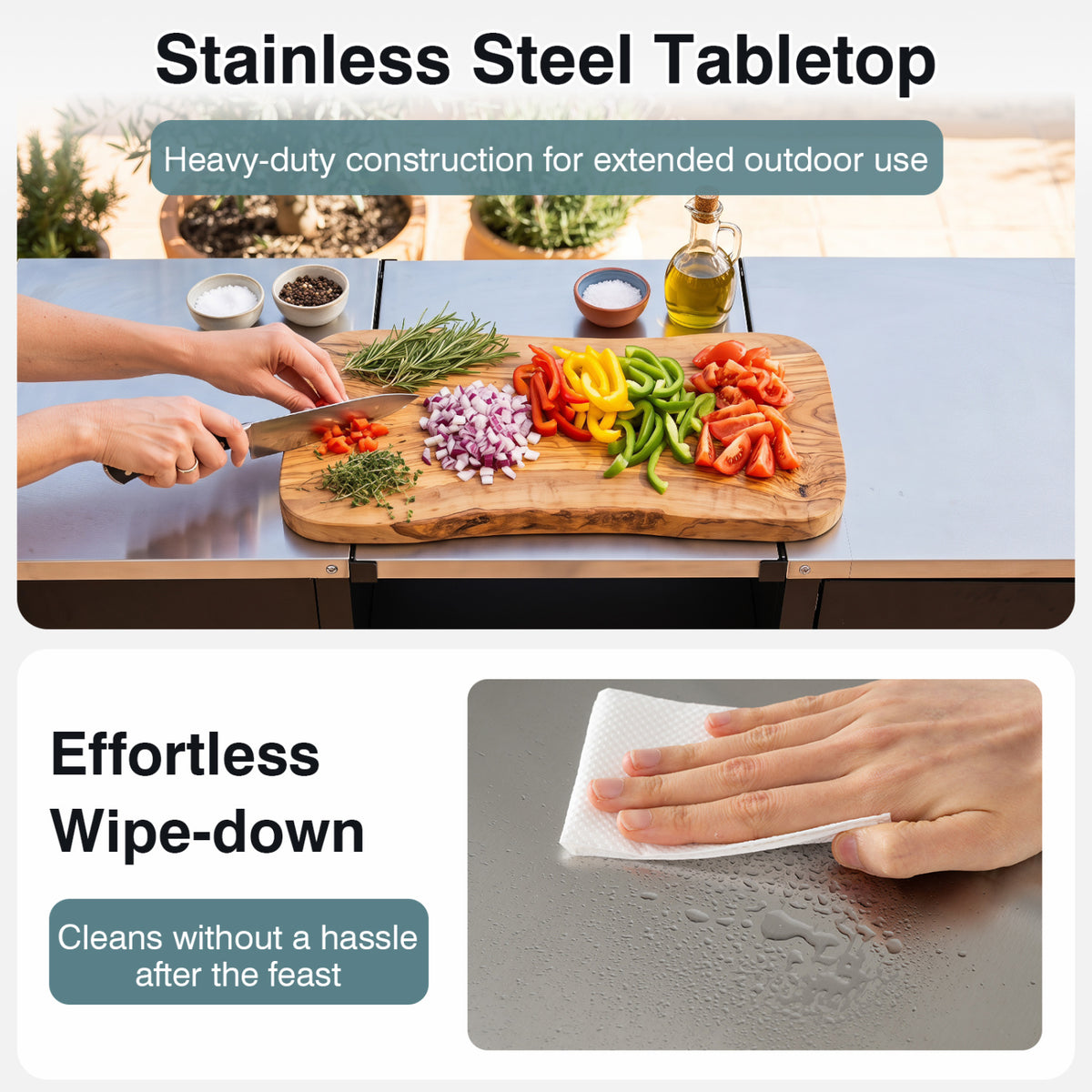 59" Outdoor Grill Table with 2 Removable Shelves and Stainless Steel Top-Black