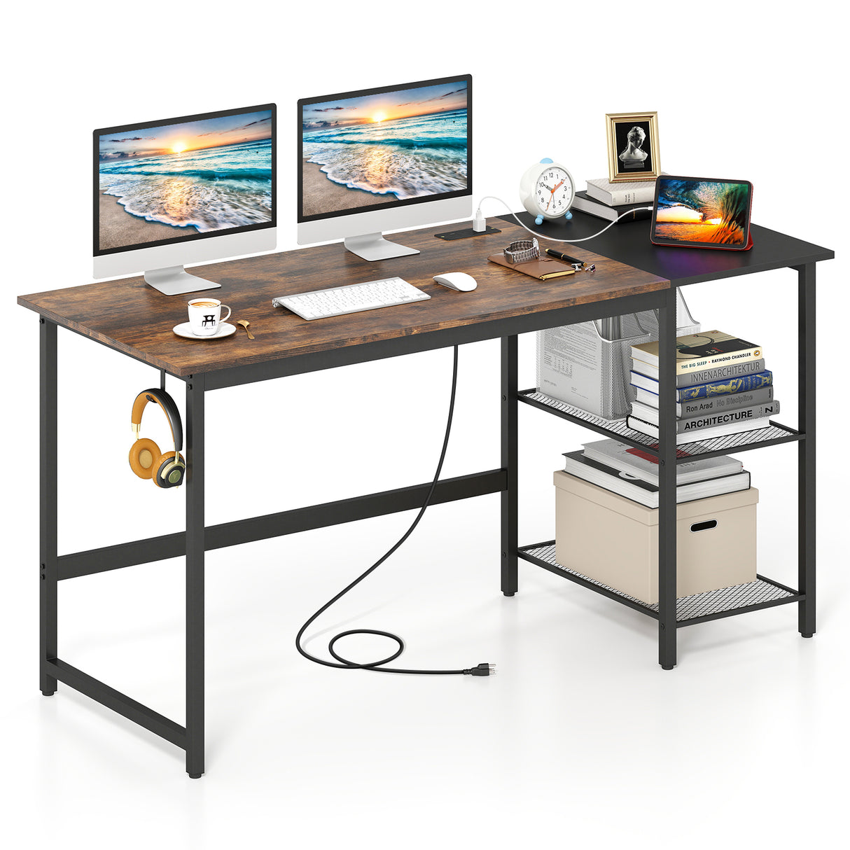 59 Inch Home Office Computer Desk with Removable Storage Shelves-Black