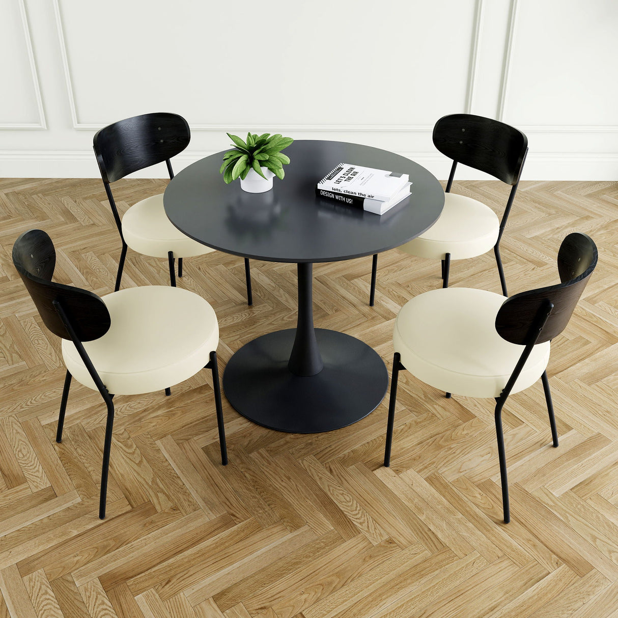 Modern Gray Simple PU Dining Chair Upholstered Chair Family Bedroom Stool Back Dressing, Black Round Table Set, Bentwood Covered With Ash Veneer Chair Back, Chair Metal Legs by Couch.com