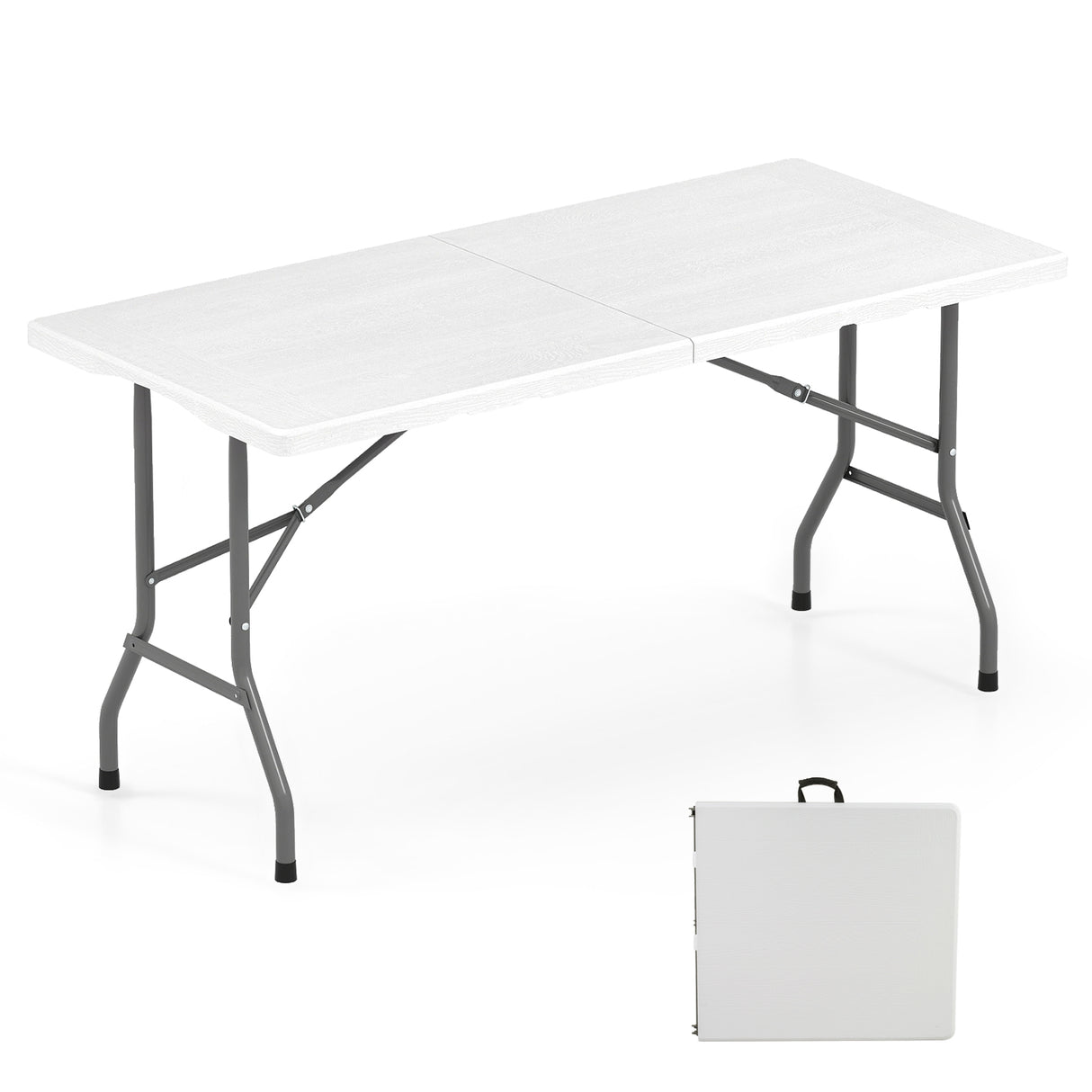 5FT Folding Picnic Table with Wood Grain HDPE Tabletop and Non-slip Foot Pads-WH