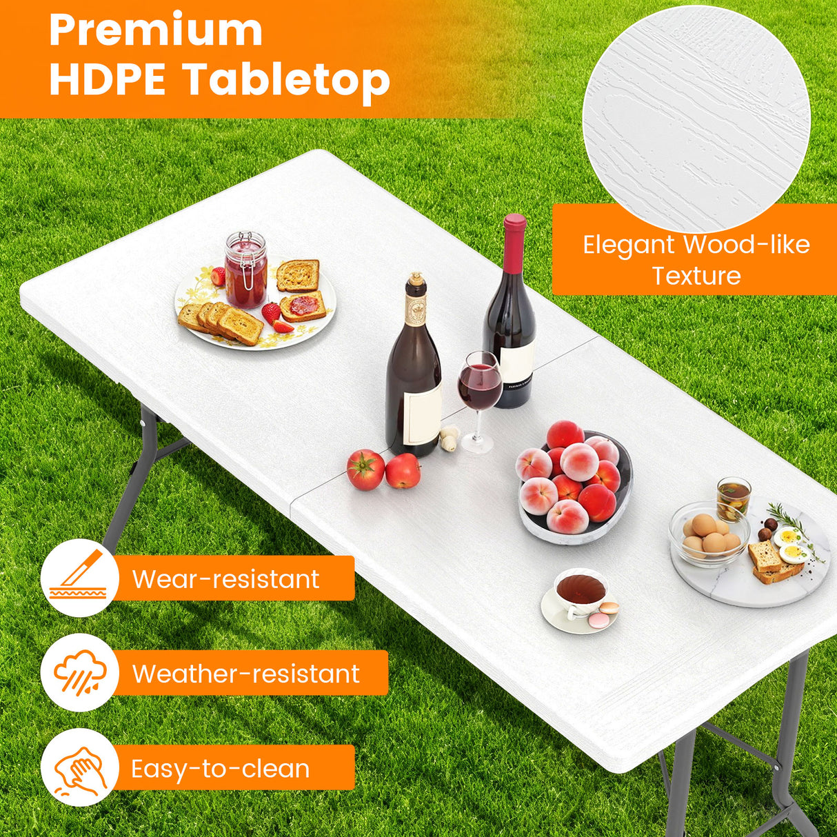 5FT Folding Picnic Table with Wood Grain HDPE Tabletop and Non-slip Foot Pads-WH
