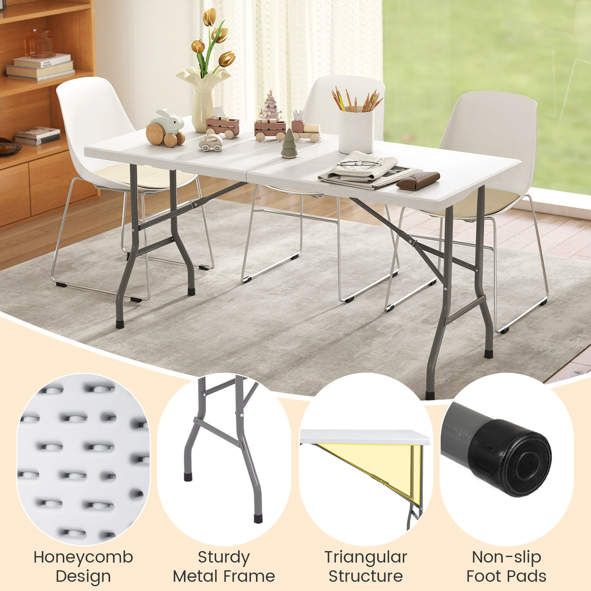 5FT Folding Picnic Table with Wood Grain HDPE Tabletop and Non-slip Foot Pads-WH