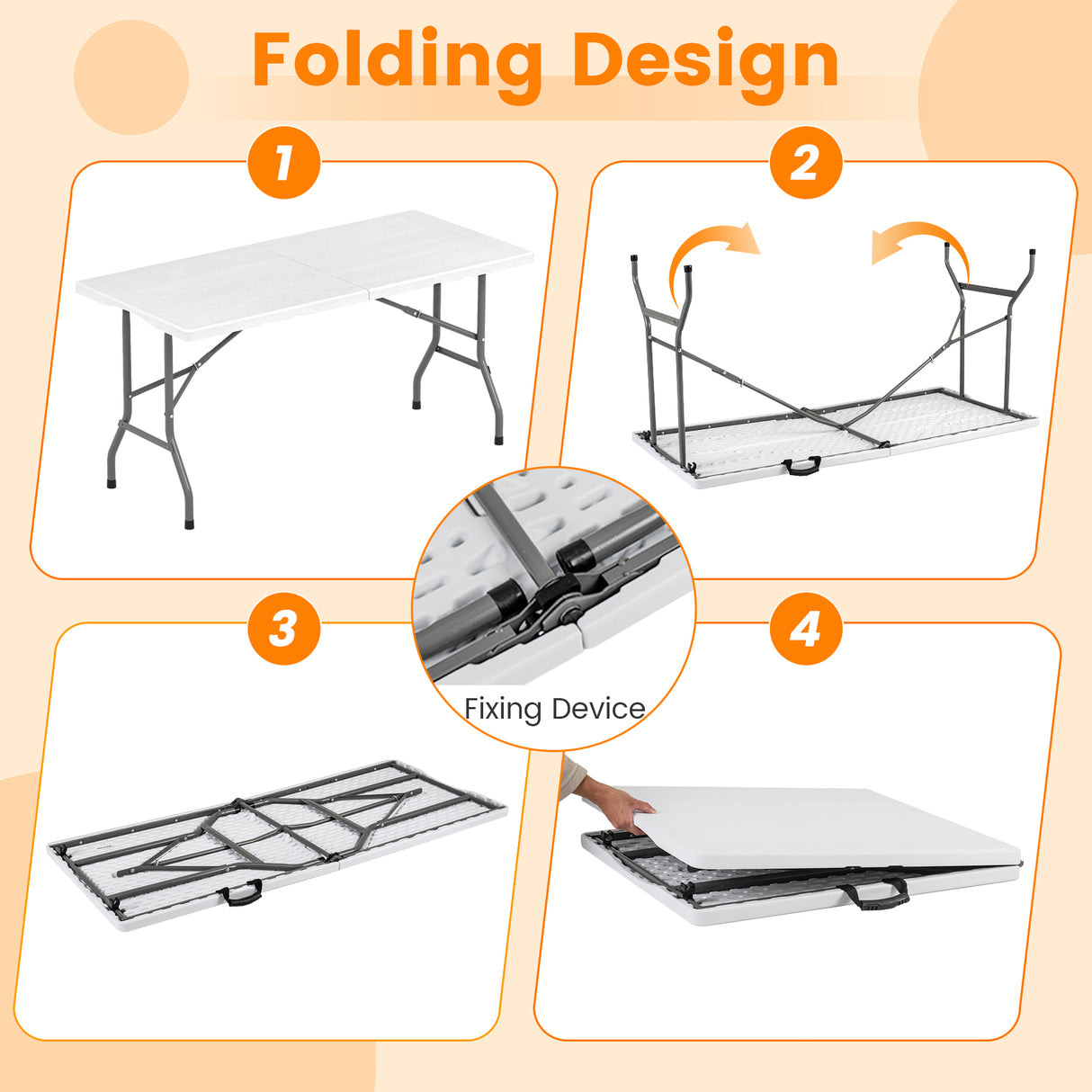 5FT Folding Picnic Table with Wood Grain HDPE Tabletop and Non-slip Foot Pads-WH