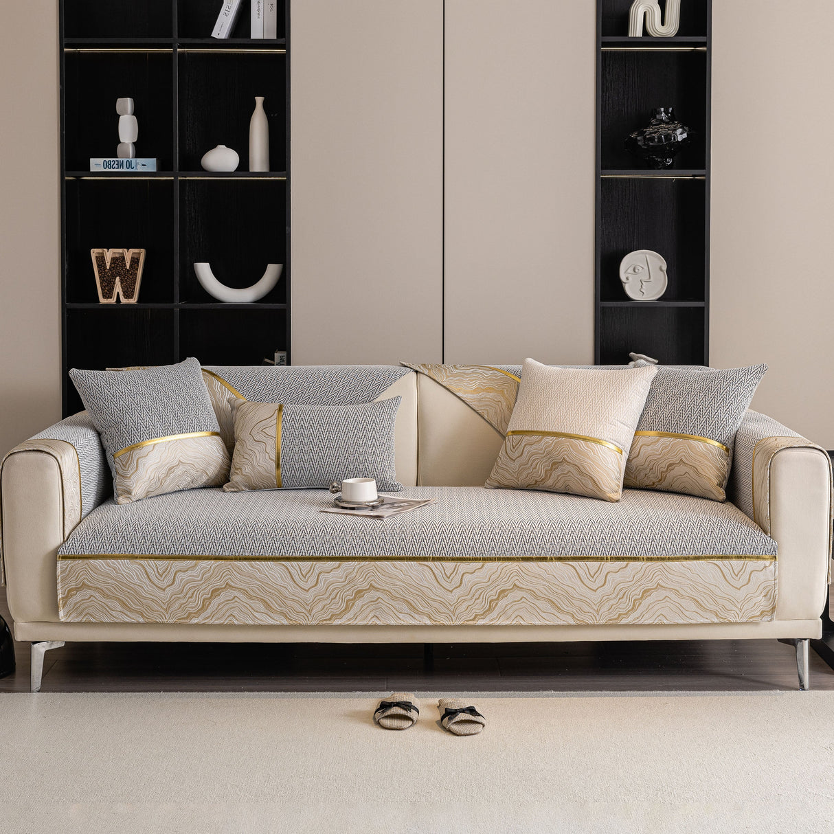 Non-Slip Couch Cover with Gold Trim, Sofa Slipcover for Sectional & Loveseat