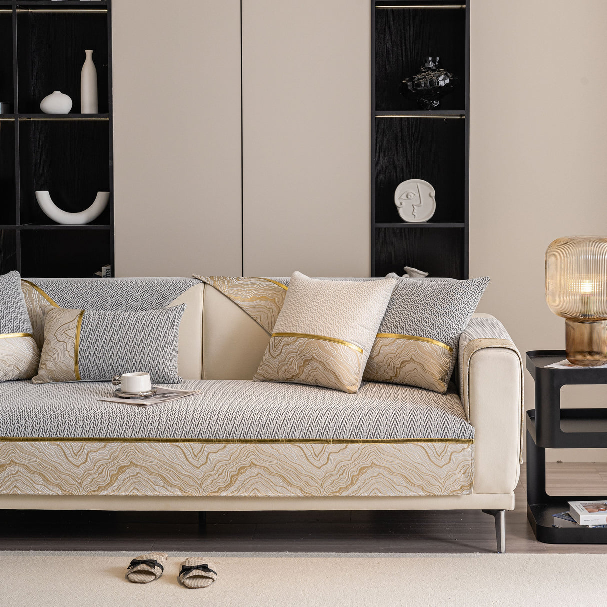 Non-Slip Couch Cover with Gold Trim, Sofa Slipcover for Sectional & Loveseat
