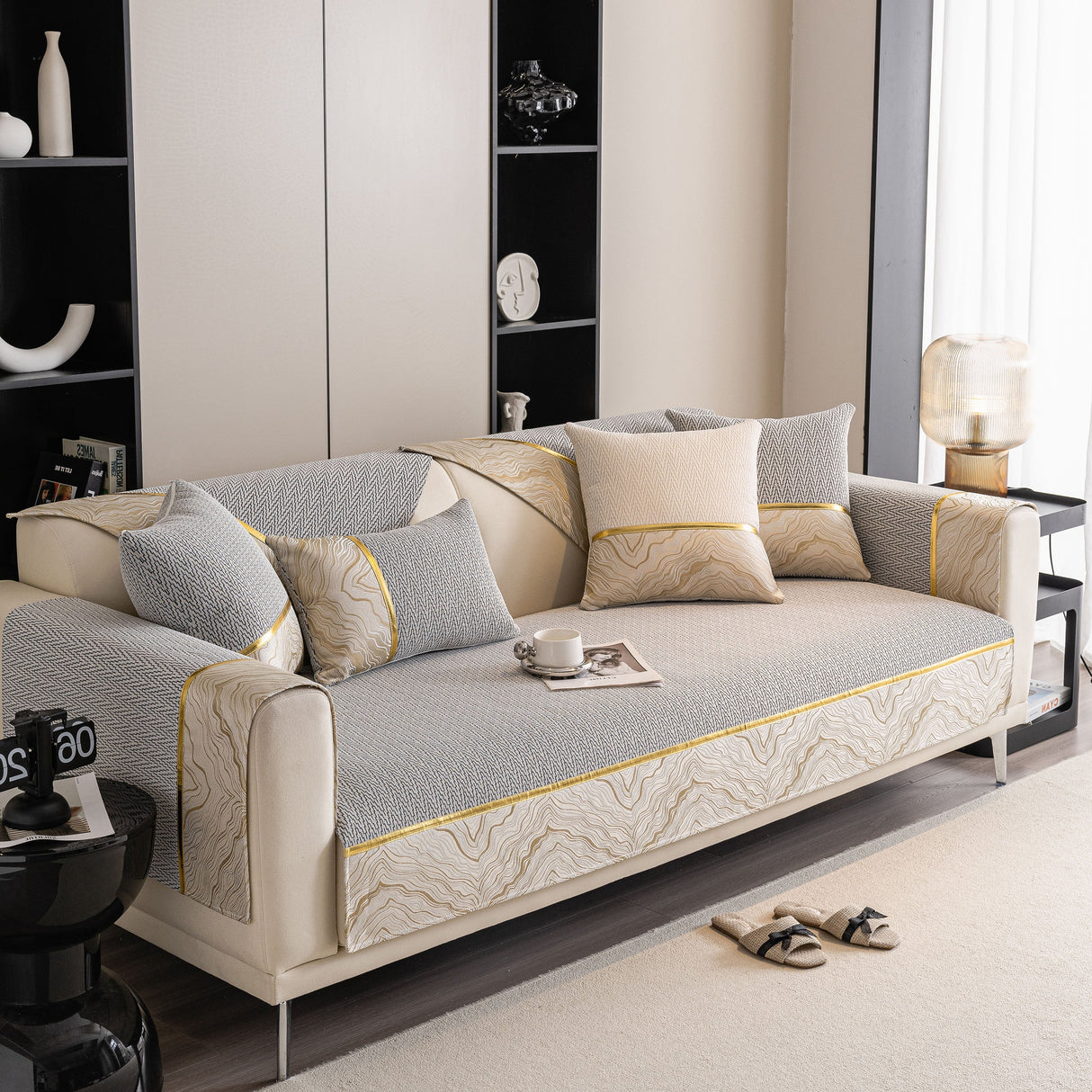 Non-Slip Couch Cover with Gold Trim, Sofa Slipcover for Sectional & Loveseat