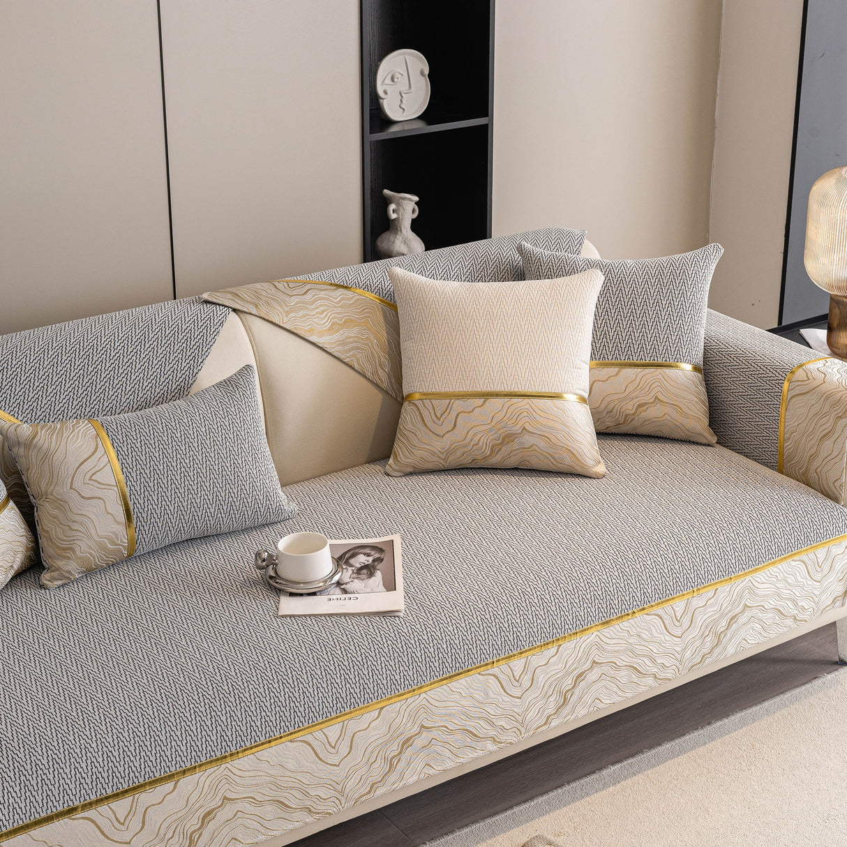 Non-Slip Couch Cover with Gold Trim, Sofa Slipcover for Sectional & Loveseat