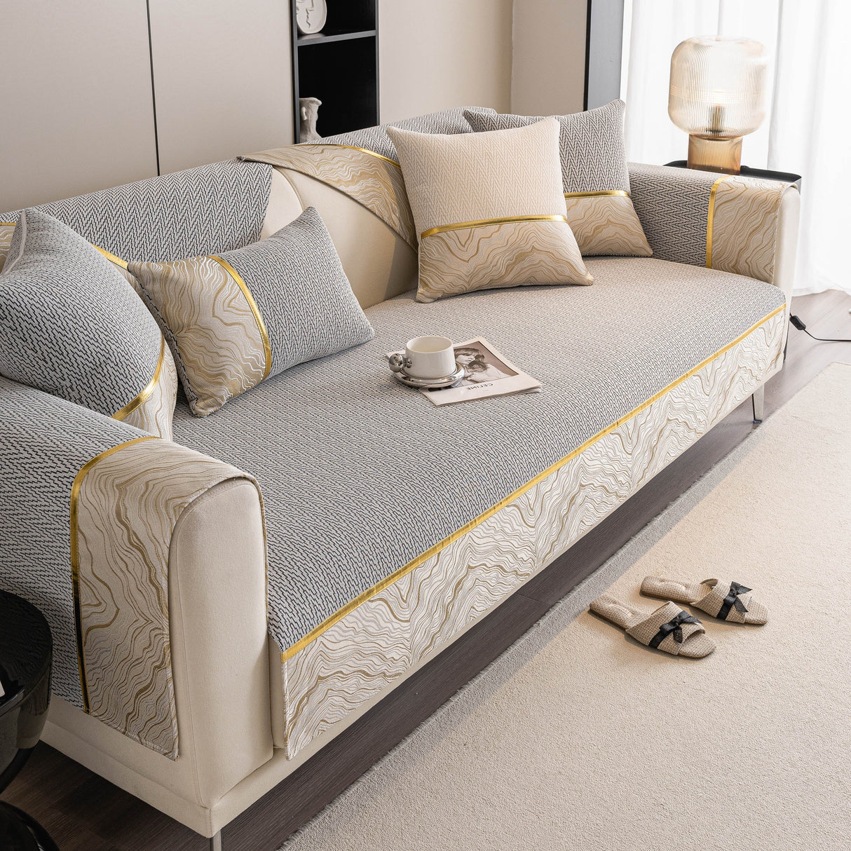 Non-Slip Couch Cover with Gold Trim, Sofa Slipcover for Sectional & Loveseat