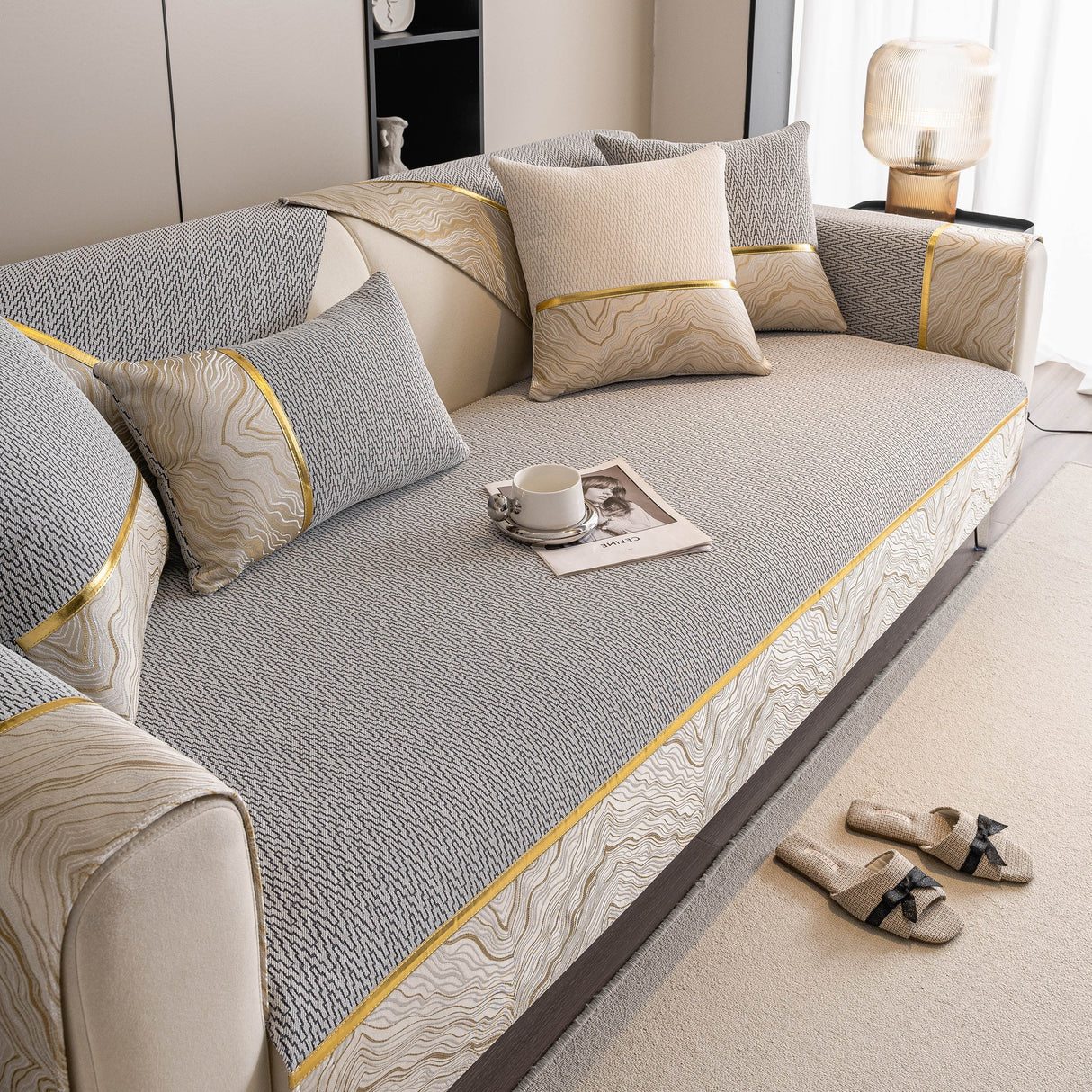 Non-Slip Couch Cover with Gold Trim, Sofa Slipcover for Sectional & Loveseat