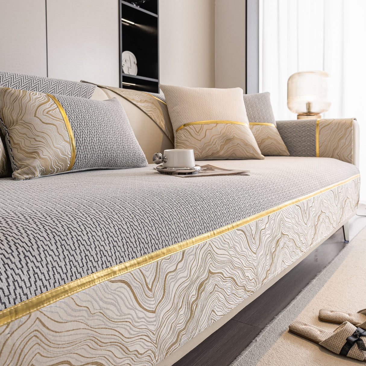 Non-Slip Couch Cover with Gold Trim, Sofa Slipcover for Sectional & Loveseat