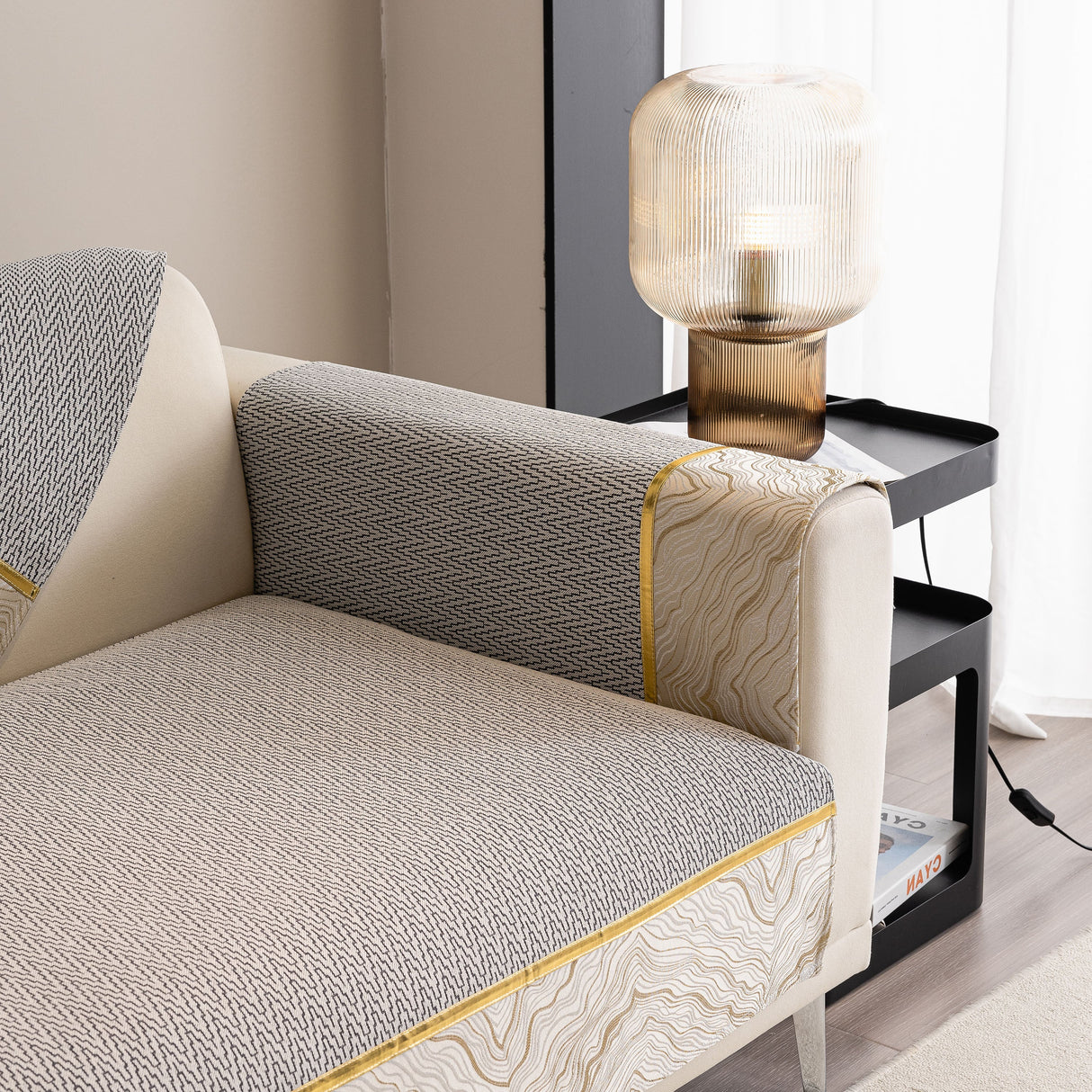 Non-Slip Couch Cover with Gold Trim, Sofa Slipcover for Sectional & Loveseat