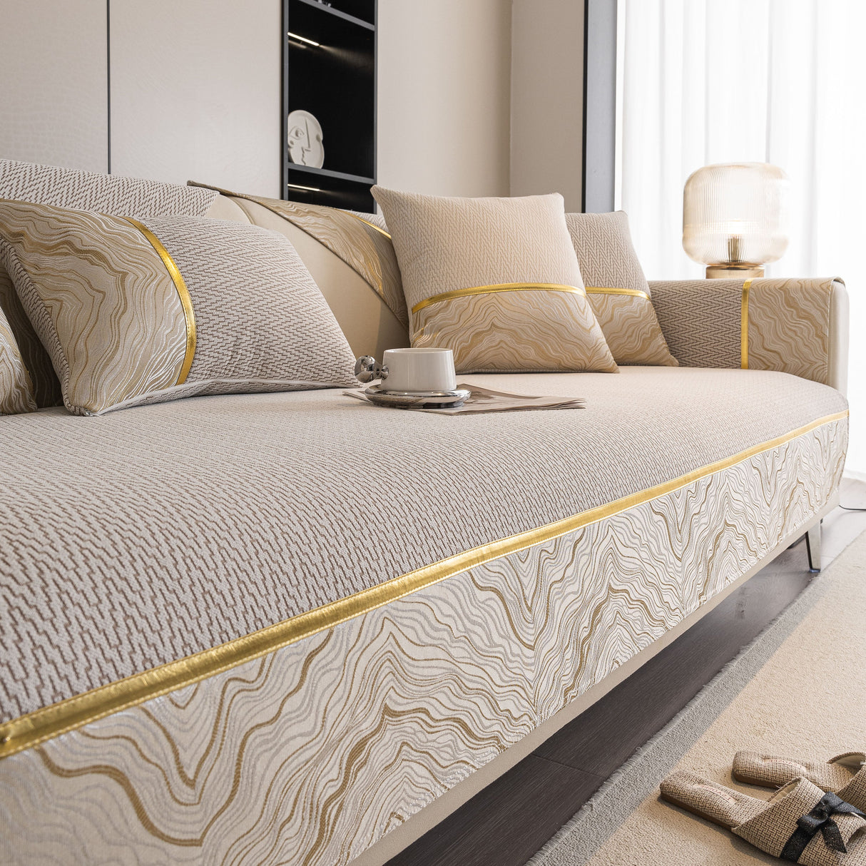 Non-Slip Couch Cover with Gold Trim, Sofa Slipcover for Sectional & Loveseat