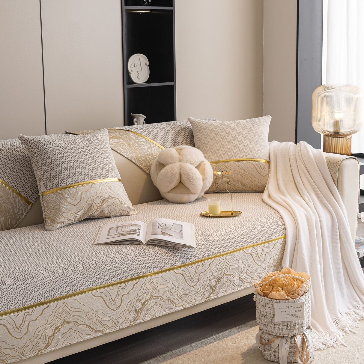 Non-Slip Couch Cover with Gold Trim, Sofa Slipcover for Sectional & Loveseat