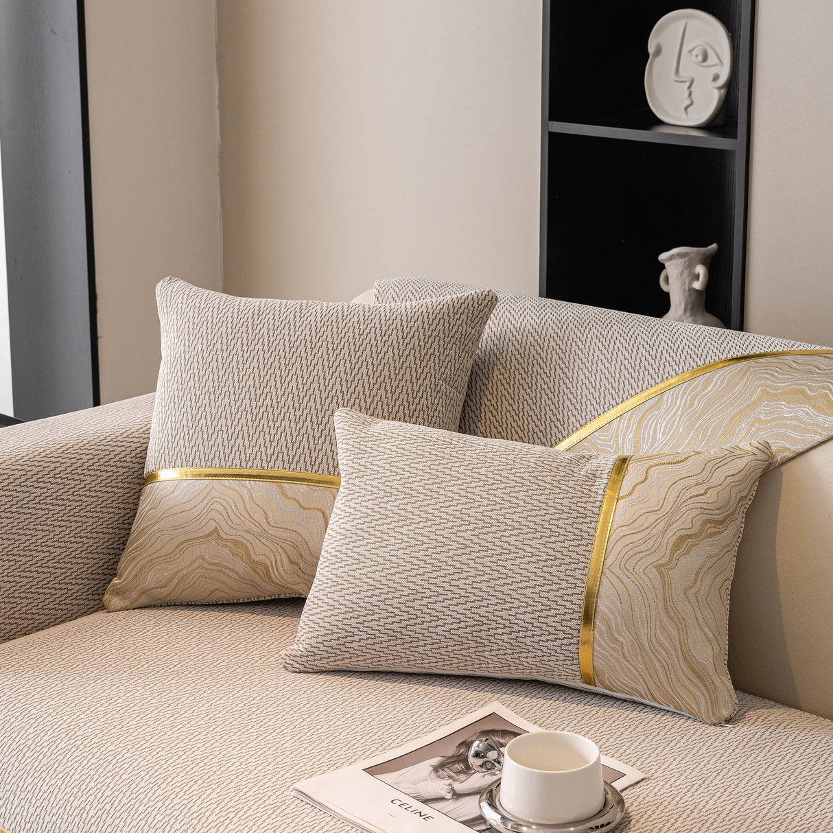 Non-Slip Couch Cover with Gold Trim, Sofa Slipcover for Sectional & Loveseat