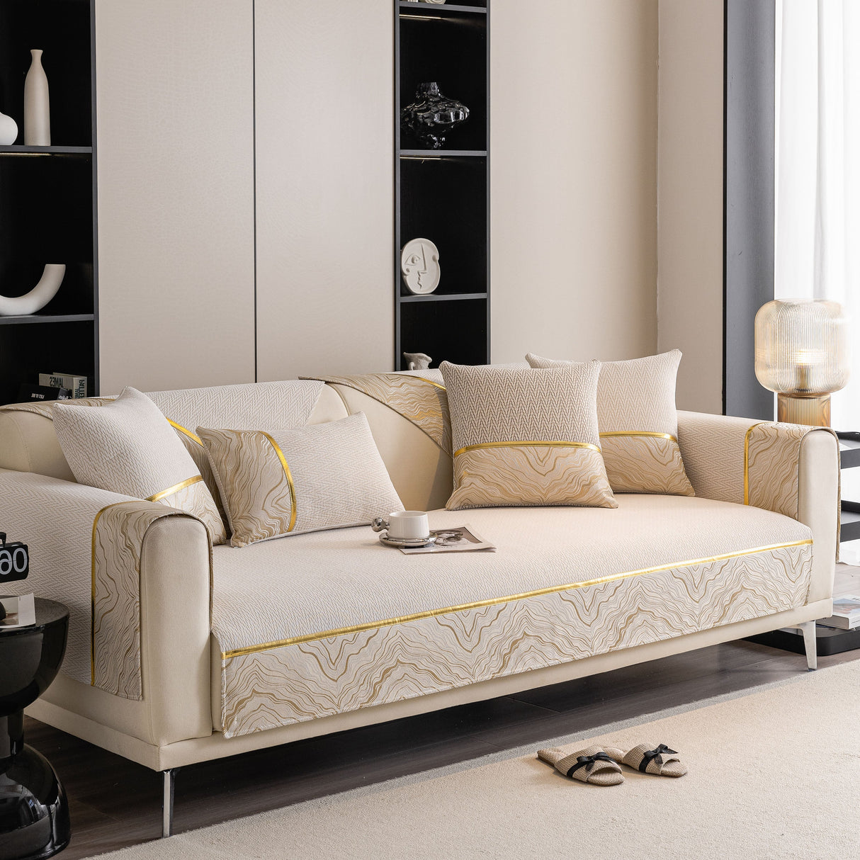 Non-Slip Couch Cover with Gold Trim, Sofa Slipcover for Sectional & Loveseat