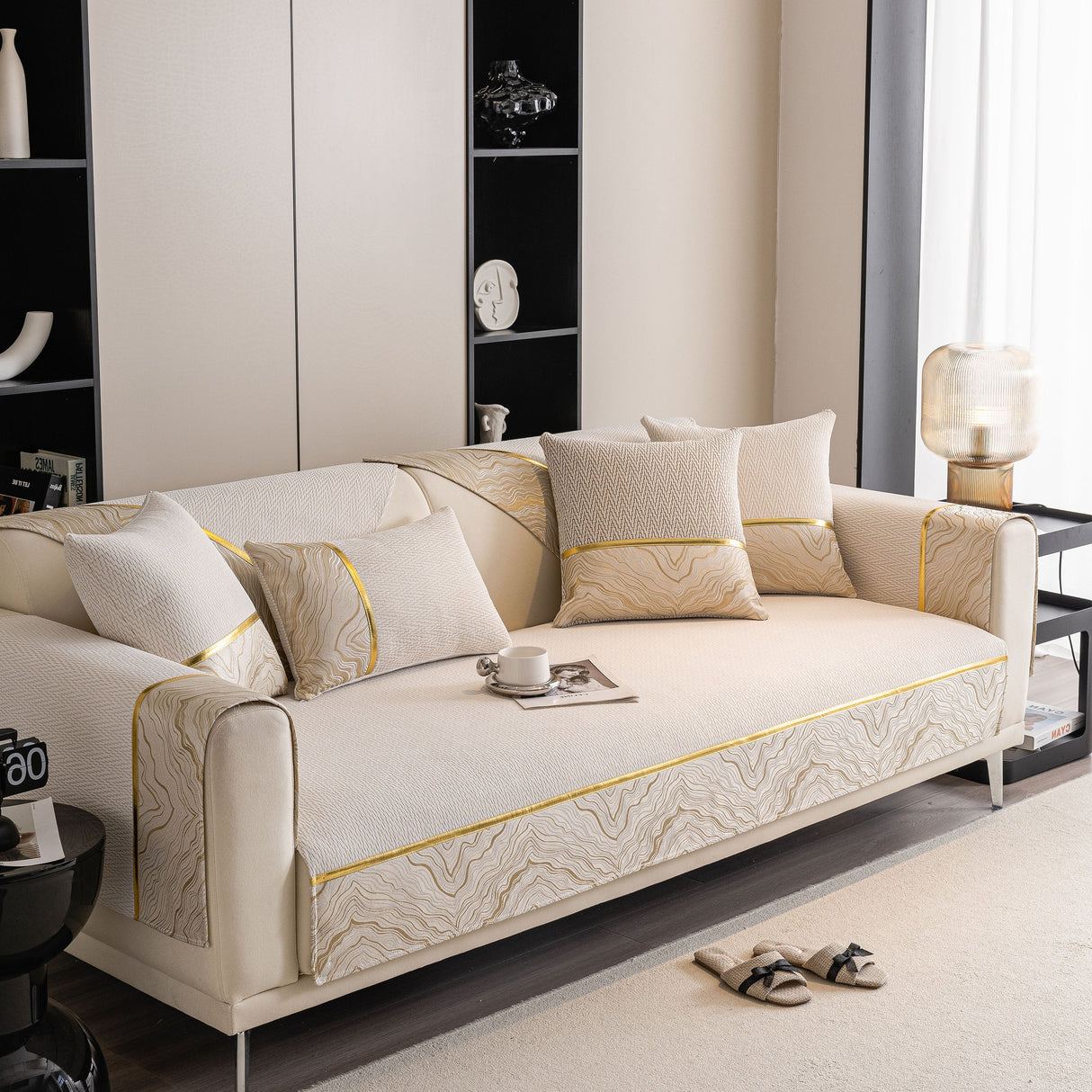 Non-Slip Couch Cover with Gold Trim, Sofa Slipcover for Sectional & Loveseat