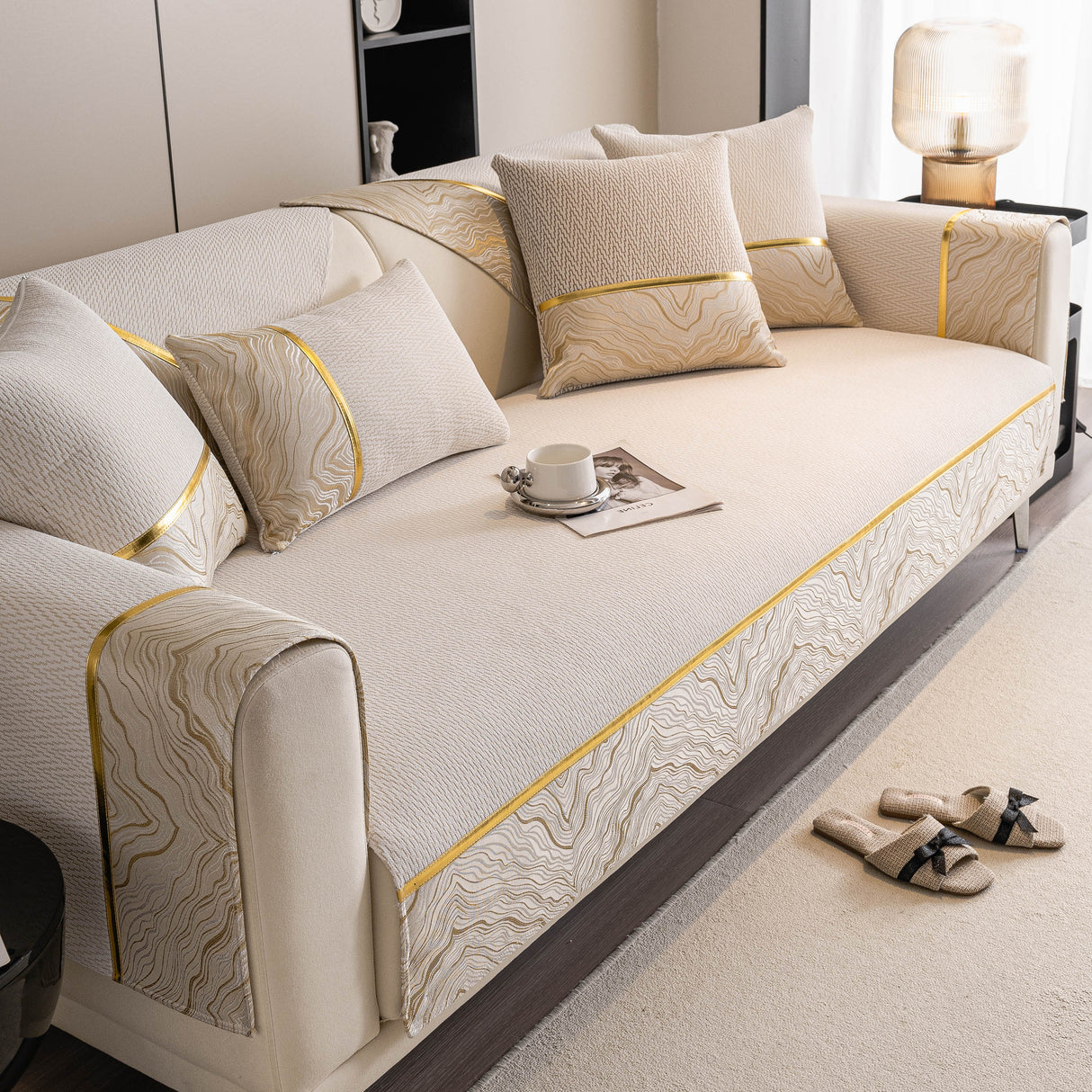 Non-Slip Couch Cover with Gold Trim, Sofa Slipcover for Sectional & Loveseat