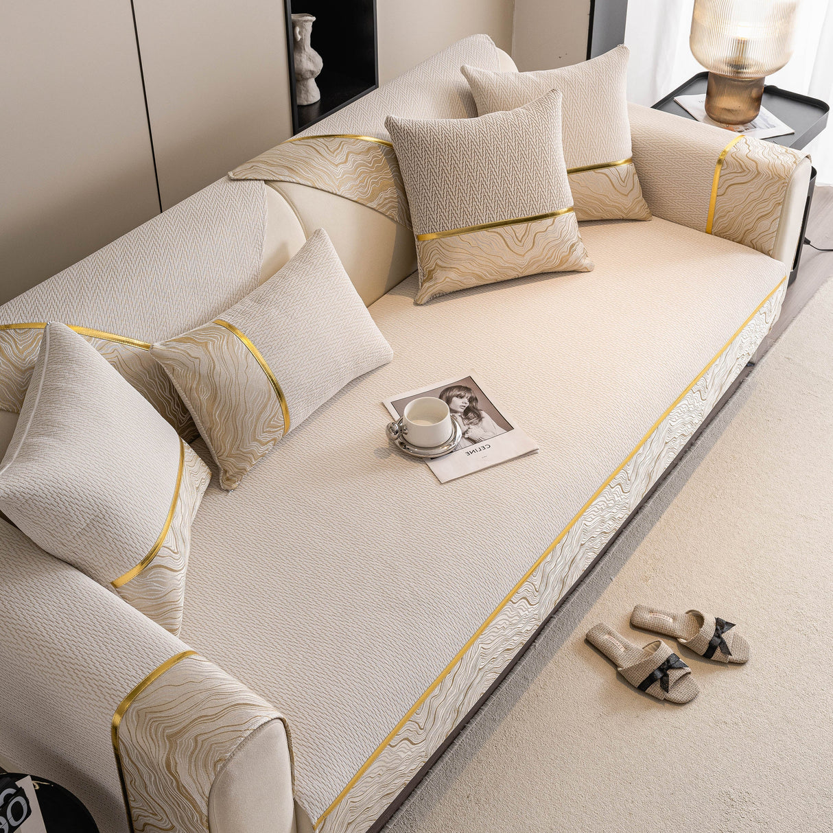 Non-Slip Couch Cover with Gold Trim, Sofa Slipcover for Sectional & Loveseat