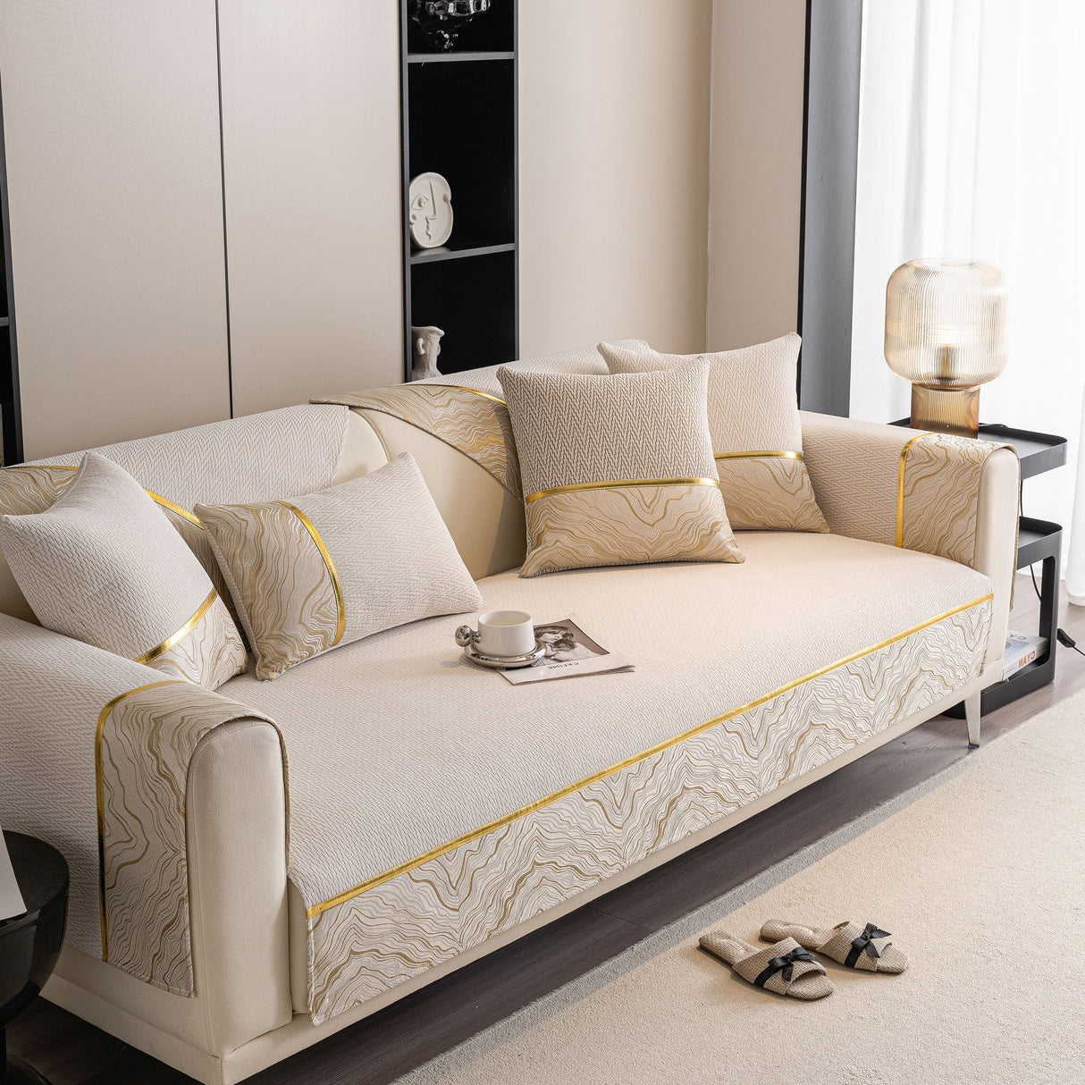 Non-Slip Couch Cover with Gold Trim, Sofa Slipcover for Sectional & Loveseat