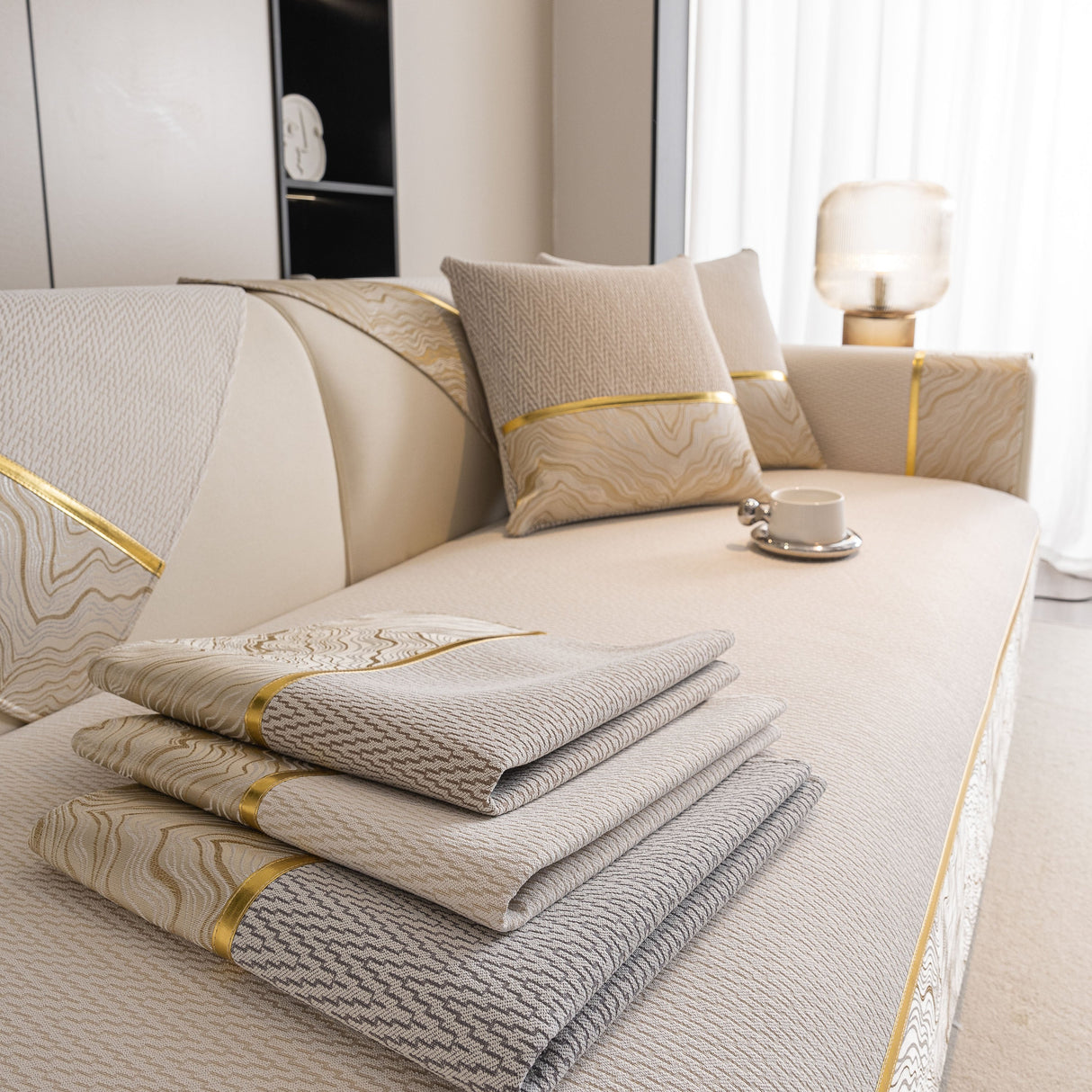 Non-Slip Couch Cover with Gold Trim, Sofa Slipcover for Sectional & Loveseat