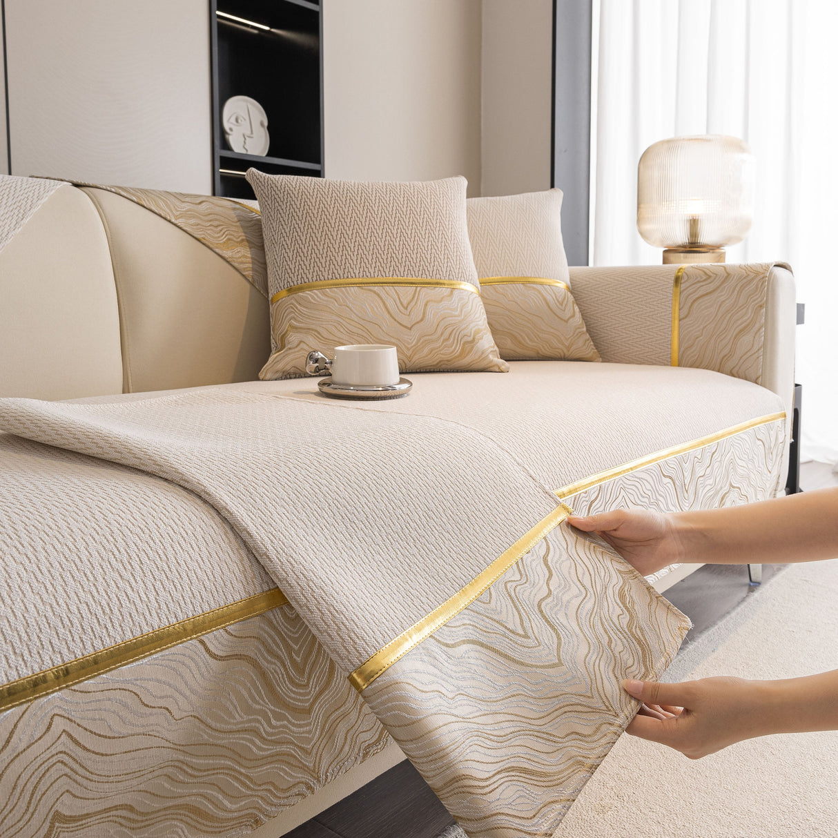 Non-Slip Couch Cover with Gold Trim, Sofa Slipcover for Sectional & Loveseat