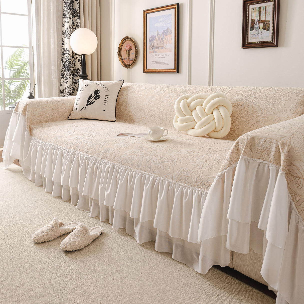 French Chic Style Ruffle Floral Cover Throws for Sofas, Decorative Couch Covers