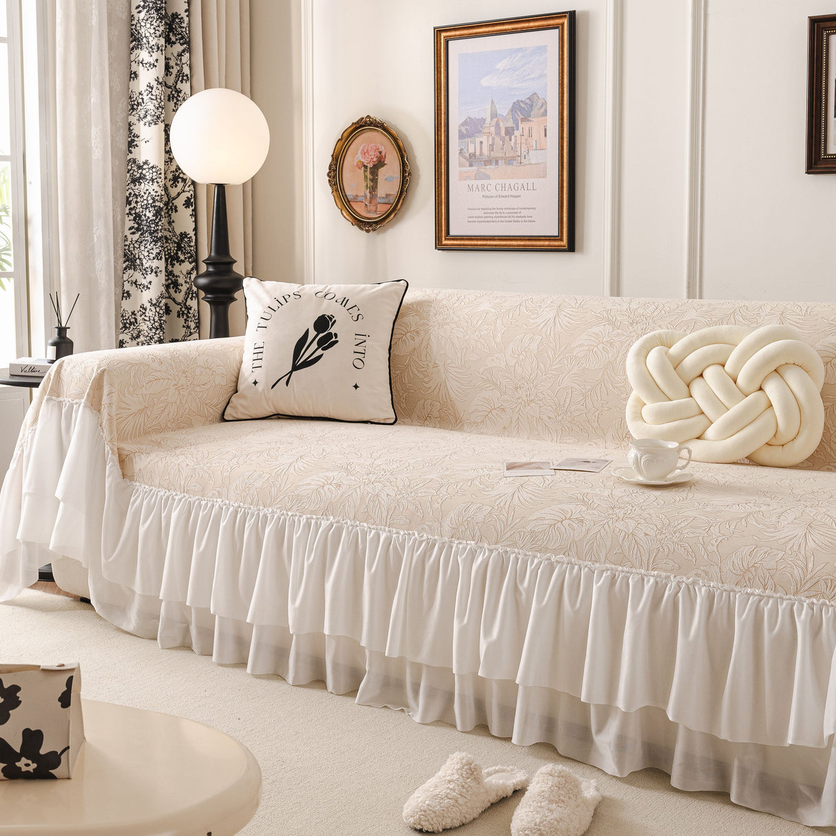 French Chic Style Ruffle Floral Cover Throws for Sofas, Decorative Couch Covers