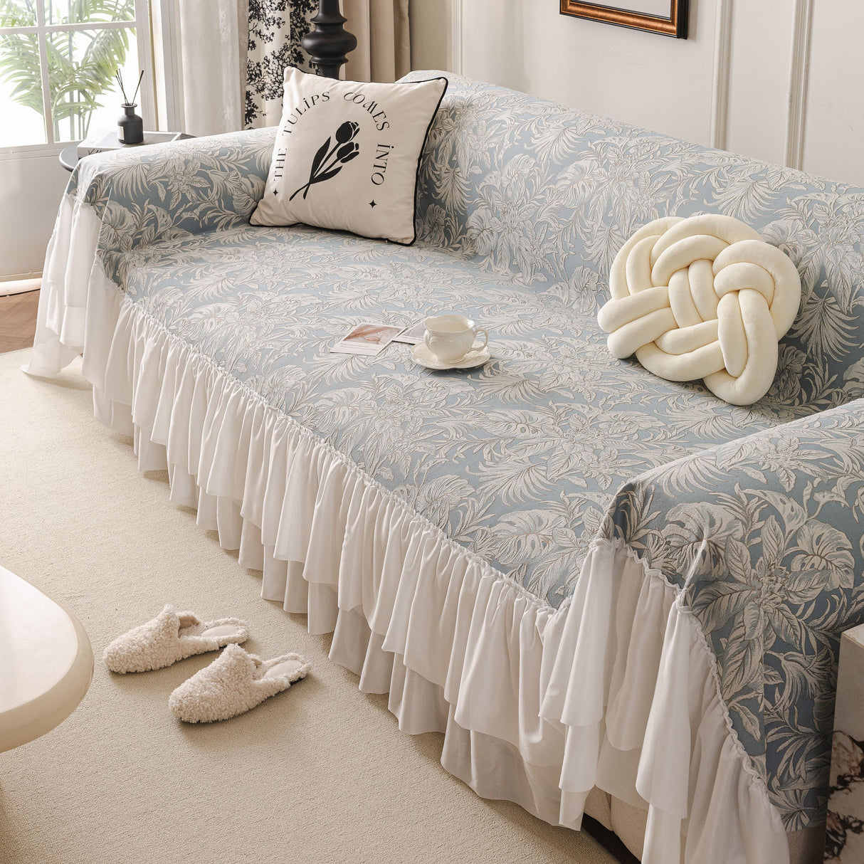 French Chic Style Ruffle Floral Cover Throws for Sofas, Decorative Couch Covers