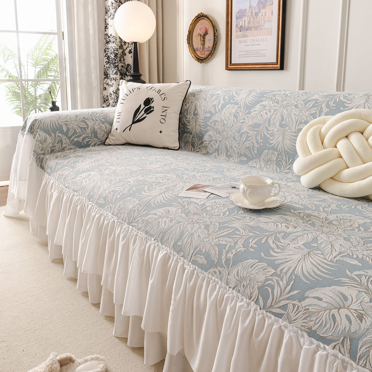 French Chic Style Ruffle Floral Cover Throws for Sofas, Decorative Couch Covers