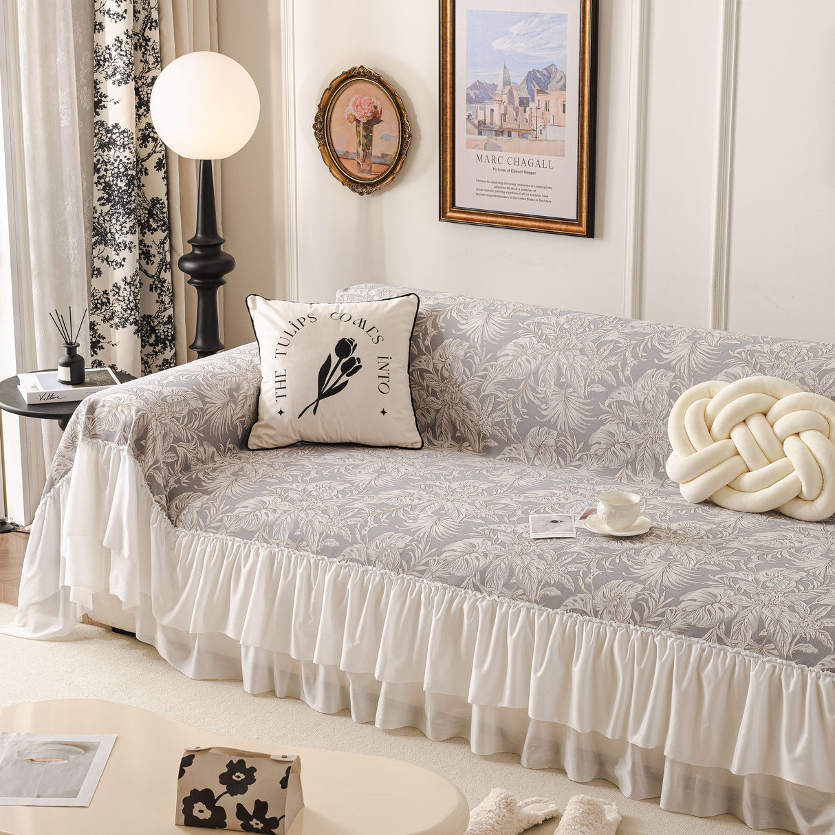 French Chic Style Ruffle Floral Cover Throws for Sofas, Decorative Couch Covers