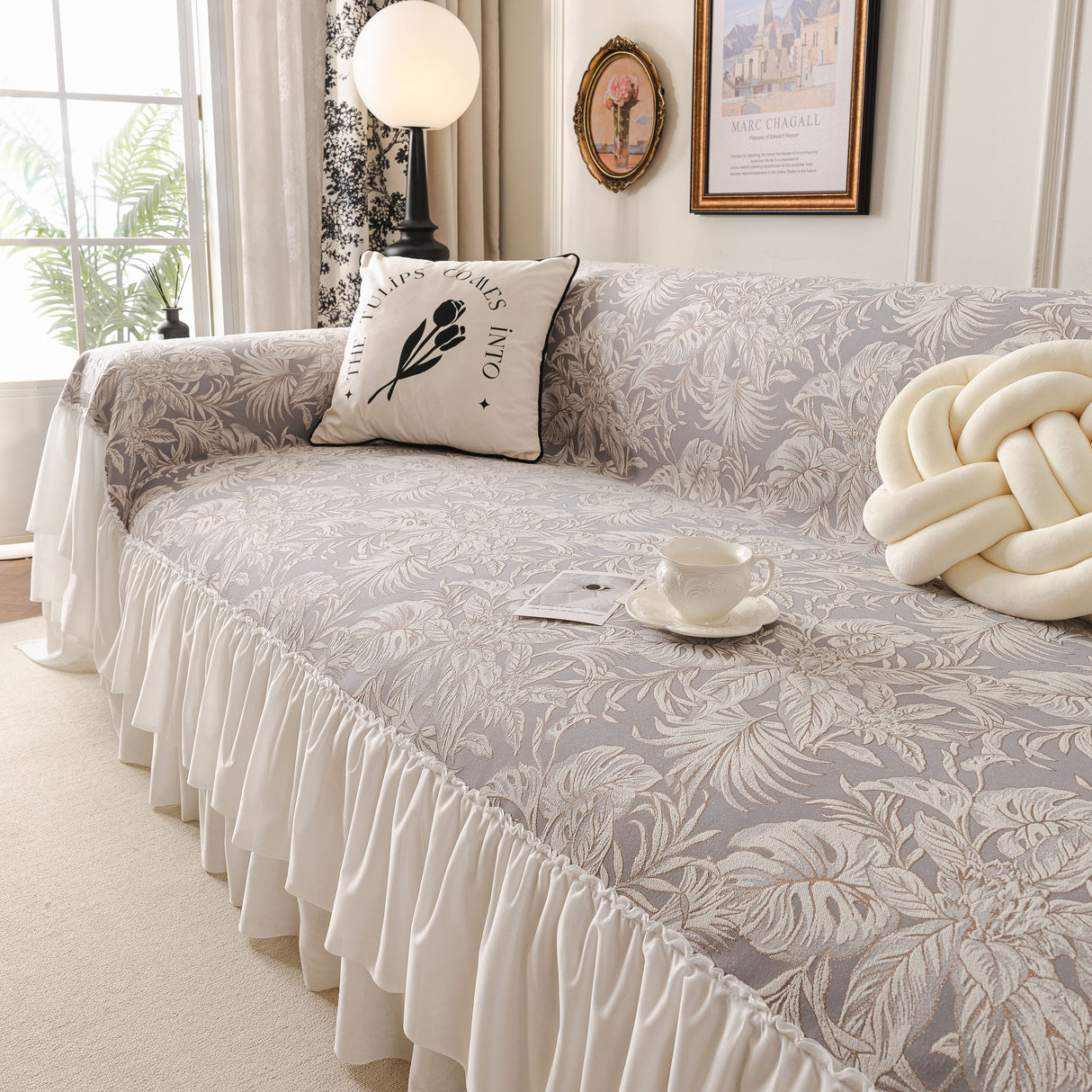 French Chic Style Ruffle Floral Cover Throws for Sofas, Decorative Couch Covers