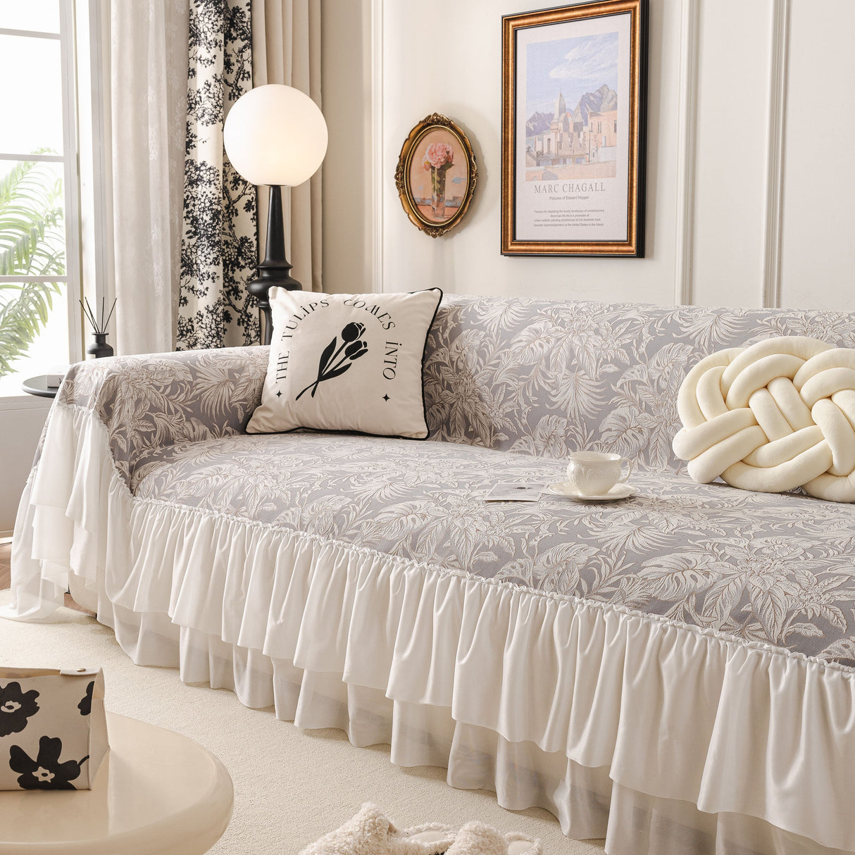 French Chic Style Ruffle Floral Cover Throws for Sofas, Decorative Couch Covers