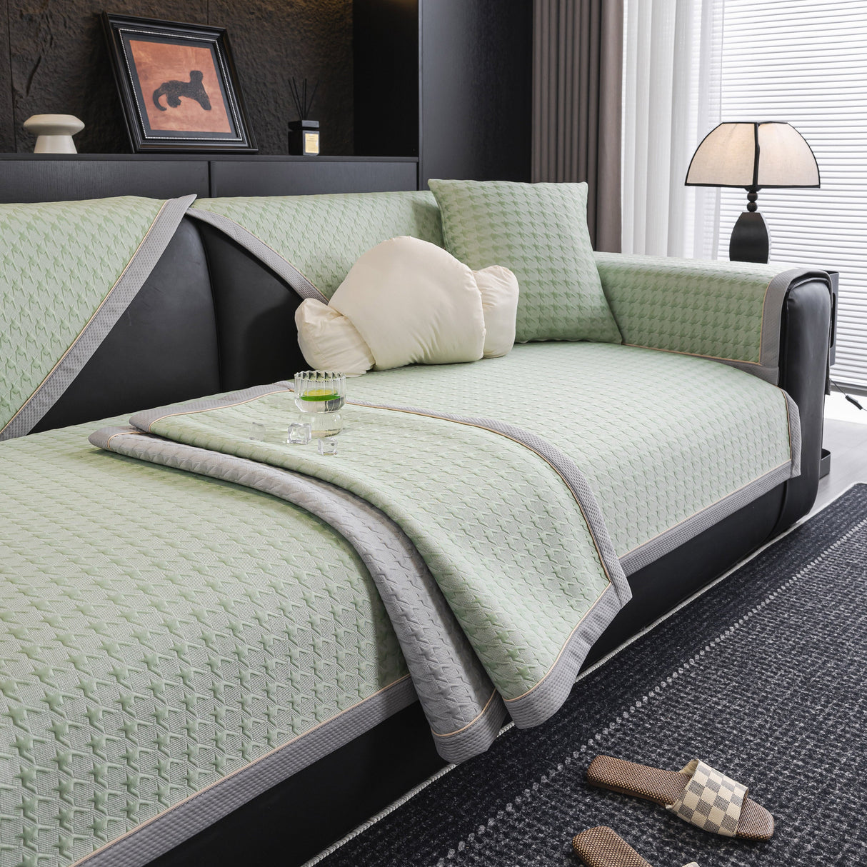 Houndstooth Ice Silk Breathable Sofa Cover, Modern Non-Slip Summer Couch Protector