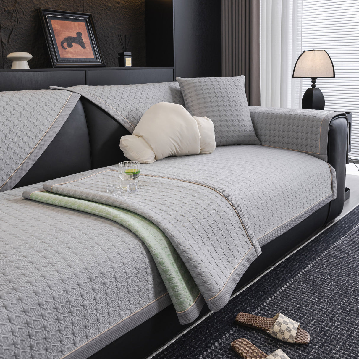 Houndstooth Ice Silk Breathable Sofa Cover, Modern Non-Slip Summer Couch Protector