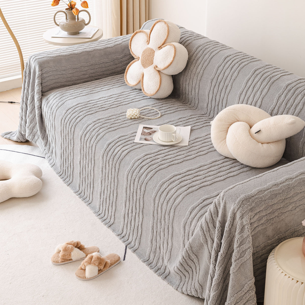 Modern 3D Water Ripple Sofa Cover, Non-Shedding Cream Style Furniture Protector Throw