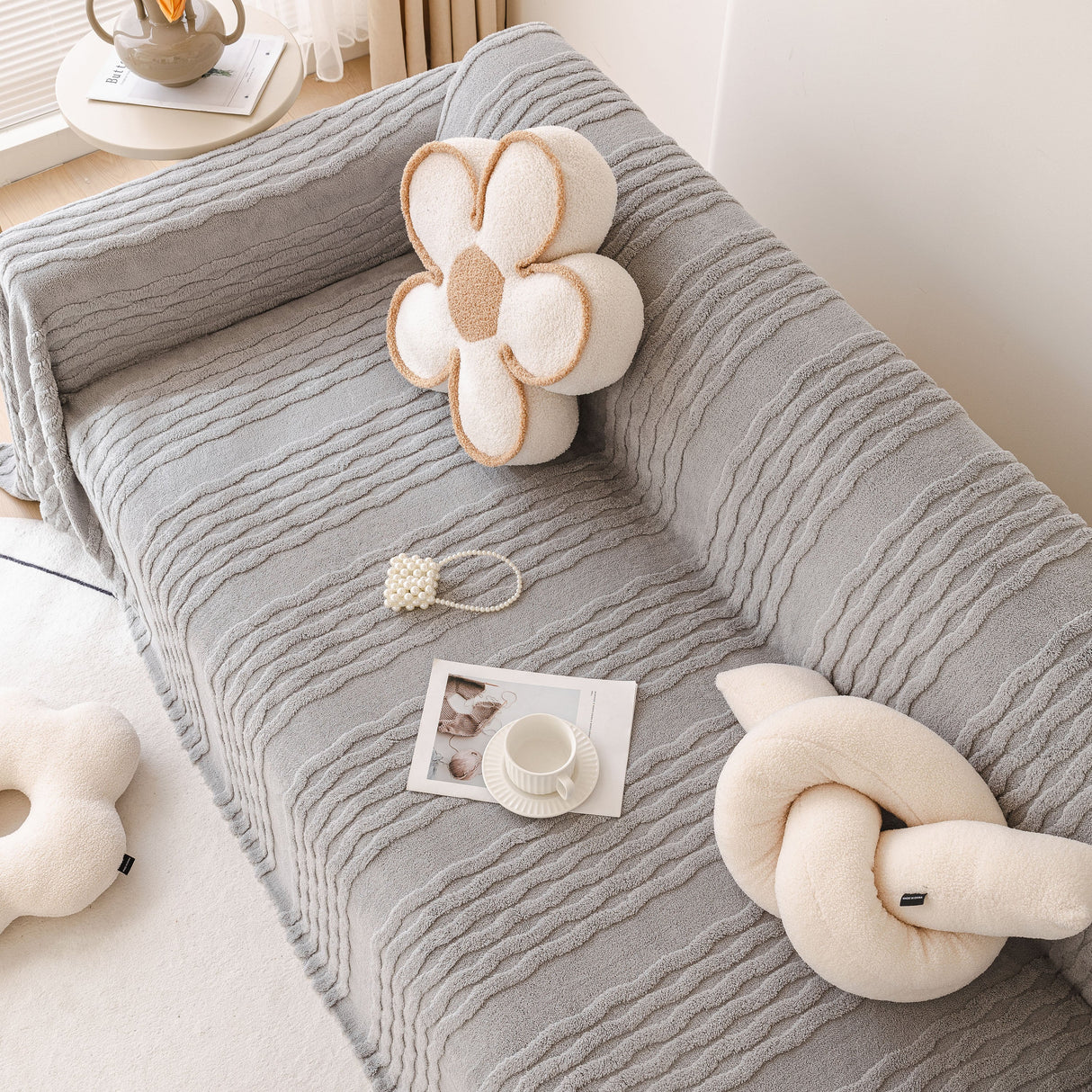 Modern 3D Water Ripple Sofa Cover, Non-Shedding Cream Style Furniture Protector Throw