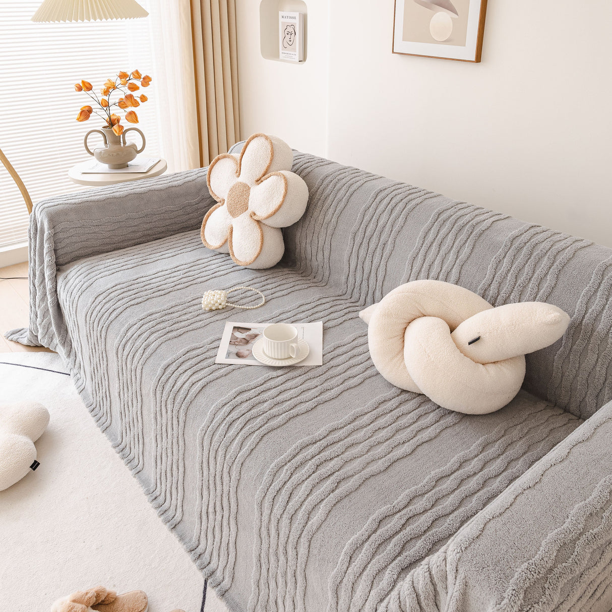 Modern 3D Water Ripple Sofa Cover, Non-Shedding Cream Style Furniture Protector Throw