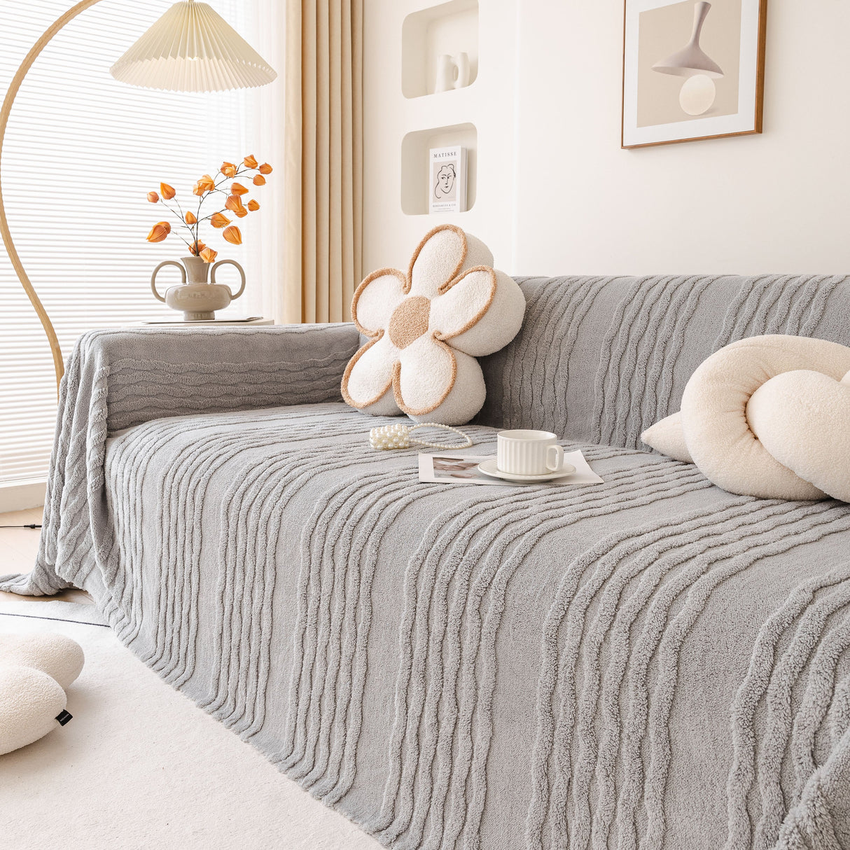 Modern 3D Water Ripple Sofa Cover, Non-Shedding Cream Style Furniture Protector Throw