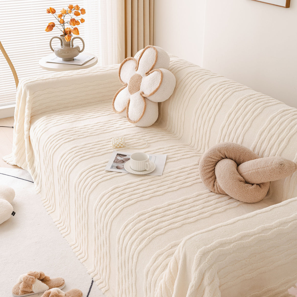 Modern 3D Water Ripple Sofa Cover, Non-Shedding Cream Style Furniture Protector Throw