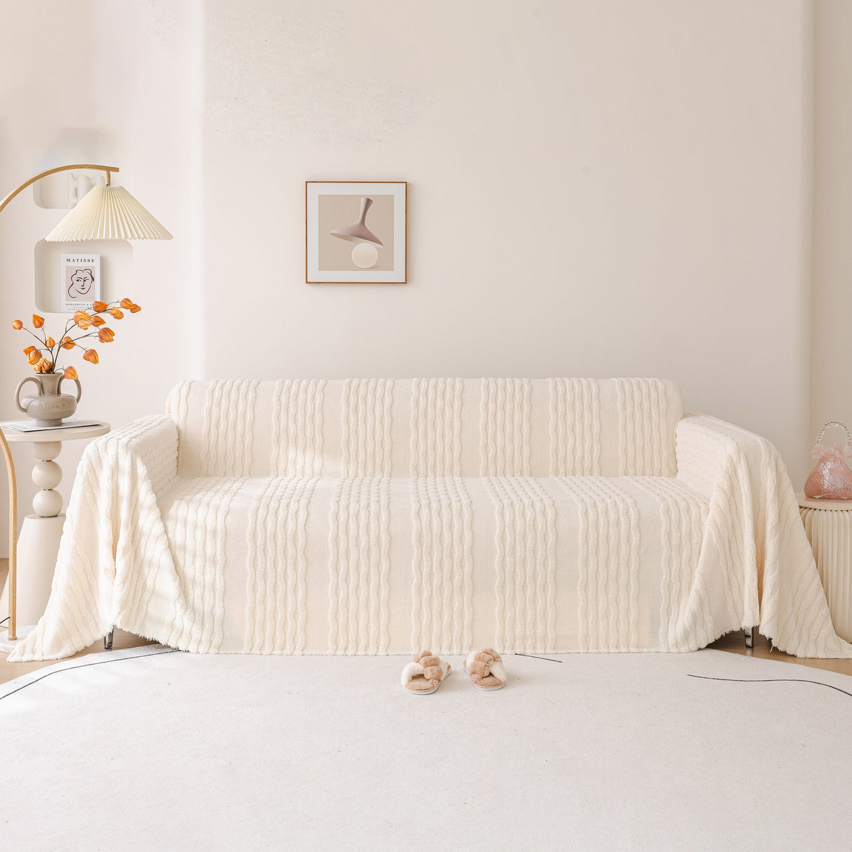 Modern 3D Water Ripple Sofa Cover, Non-Shedding Cream Style Furniture Protector Throw