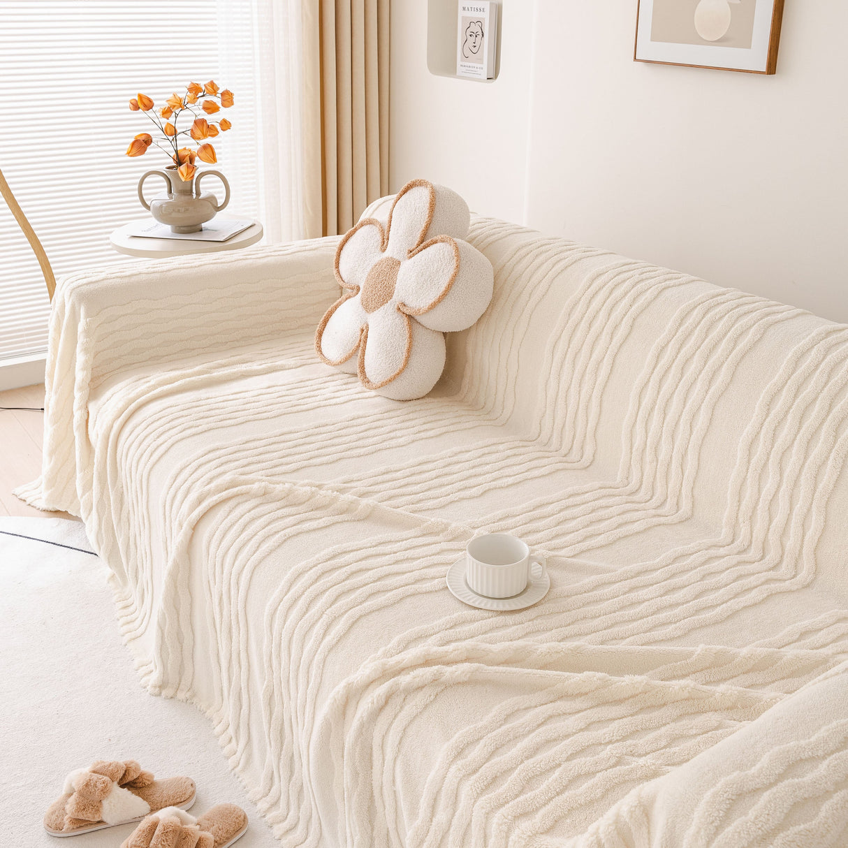 Modern 3D Water Ripple Sofa Cover, Non-Shedding Cream Style Furniture Protector Throw